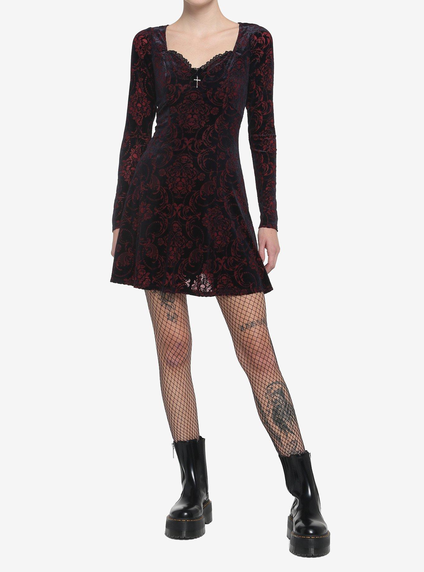 Velvet Damask Long-Sleeve Dress, BURGUNDY, alternate