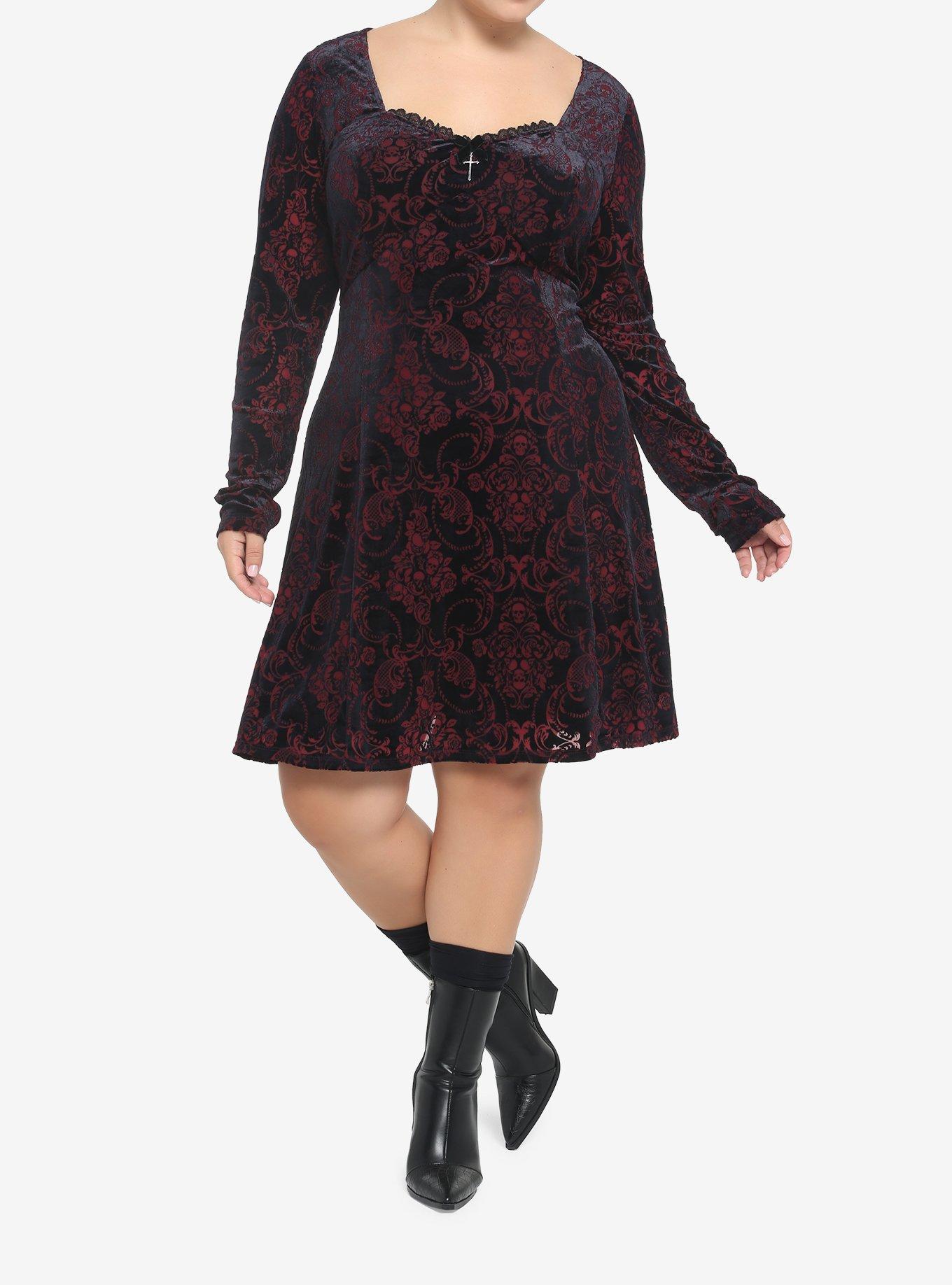Velvet Damask Long-Sleeve Dress Plus Size, BURGUNDY, alternate