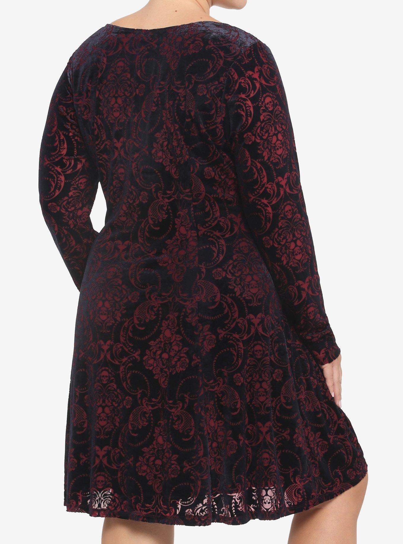 Velvet Damask Long-Sleeve Dress Plus Size, BURGUNDY, alternate