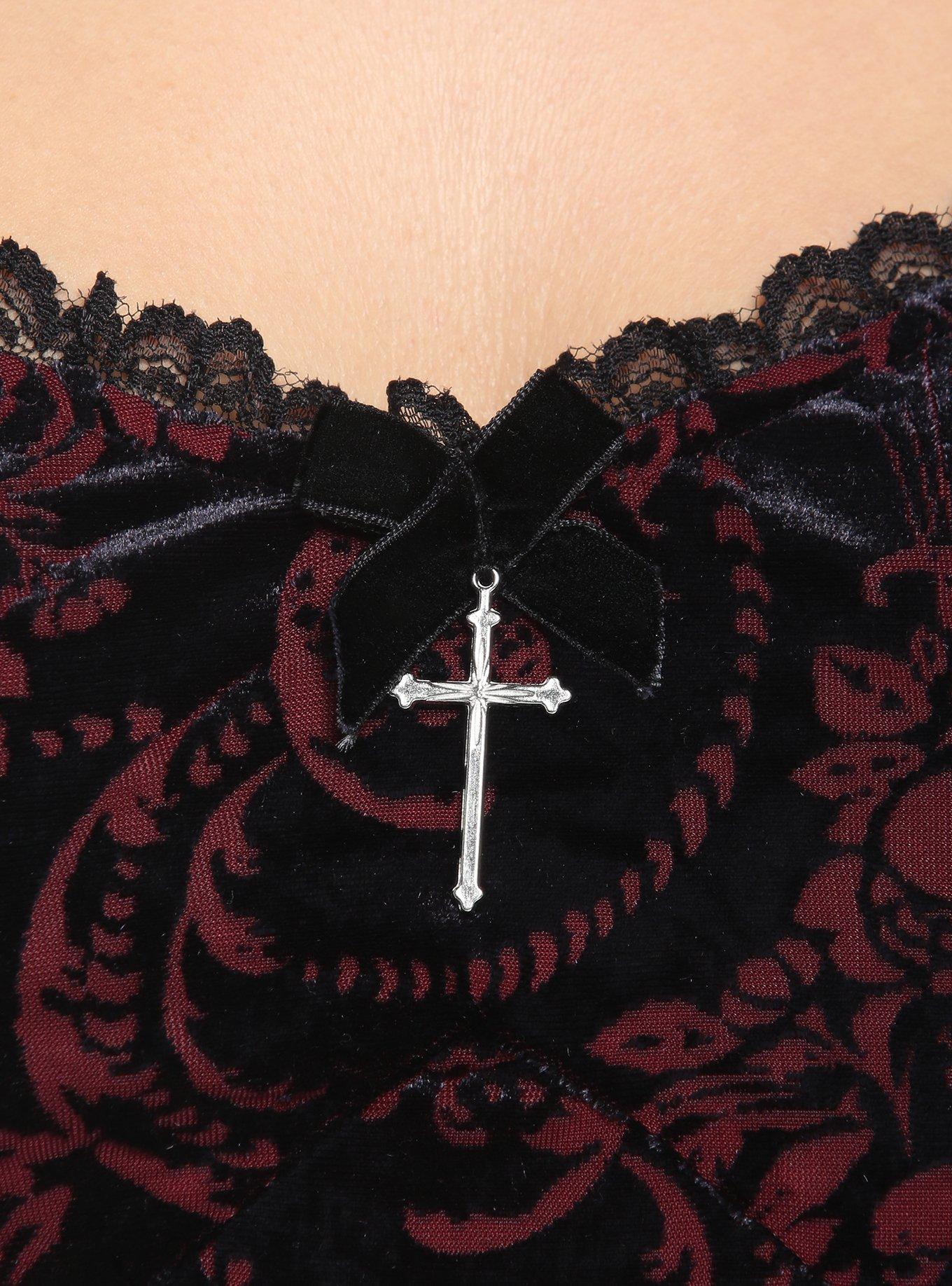 Velvet Damask Long-Sleeve Dress Plus Size, BURGUNDY, alternate