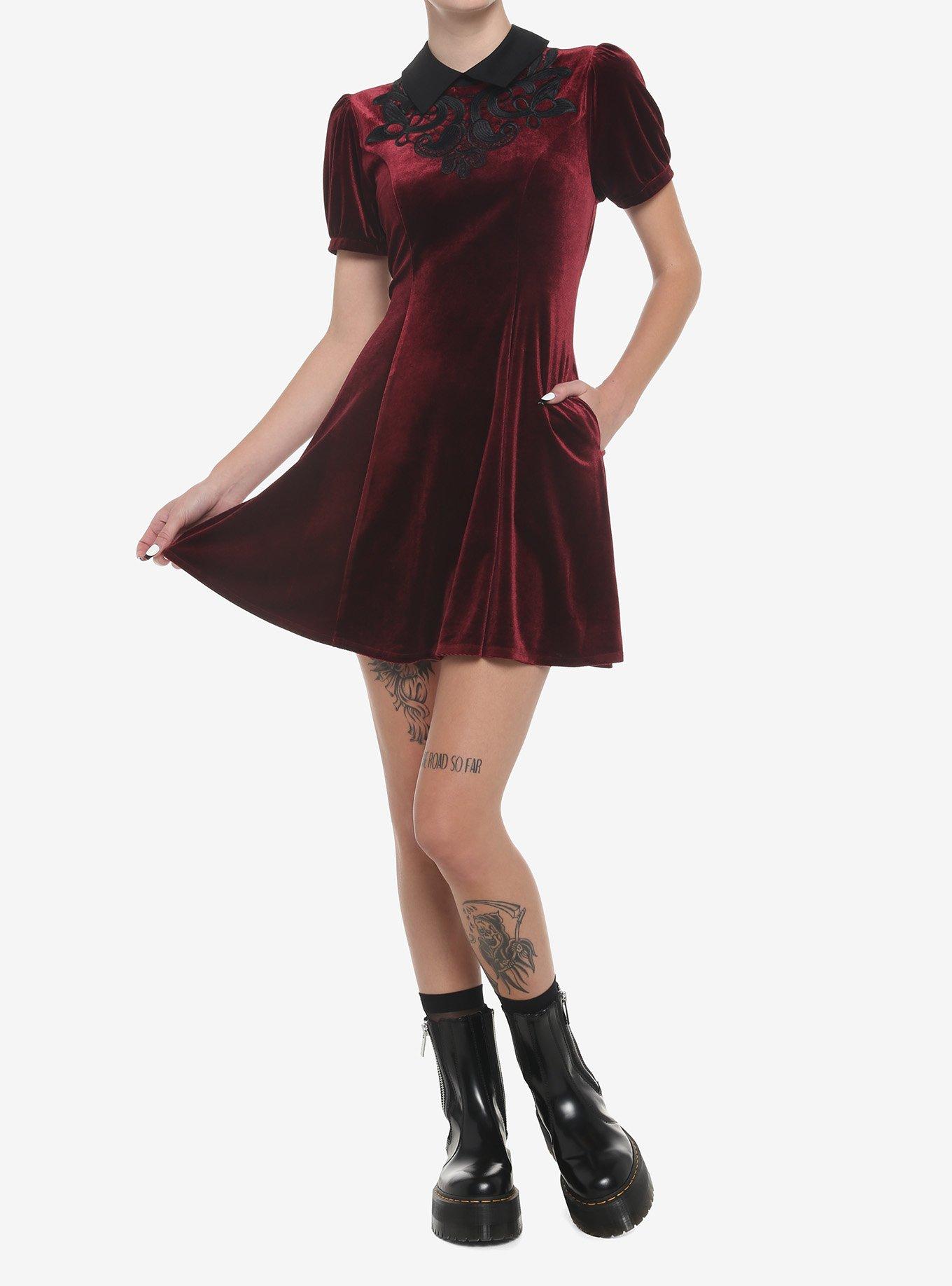 Burgundy Velvet Collar Dress, BURGUNDY, alternate