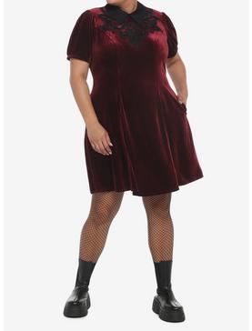 Burgundy Velvet Collar Dress Plus Size, , hi-res
