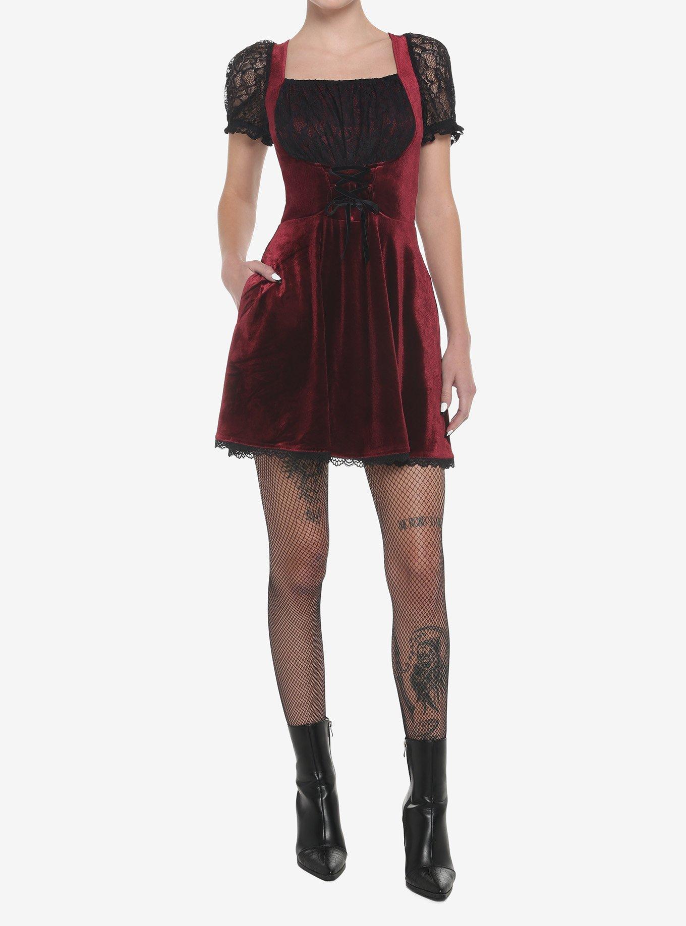 Burgundy Velvet & Black Lace Corset Dress, BURGUNDY, alternate