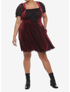 Burgundy Velvet & Black Lace Corset Dress Plus Size, , hi-res