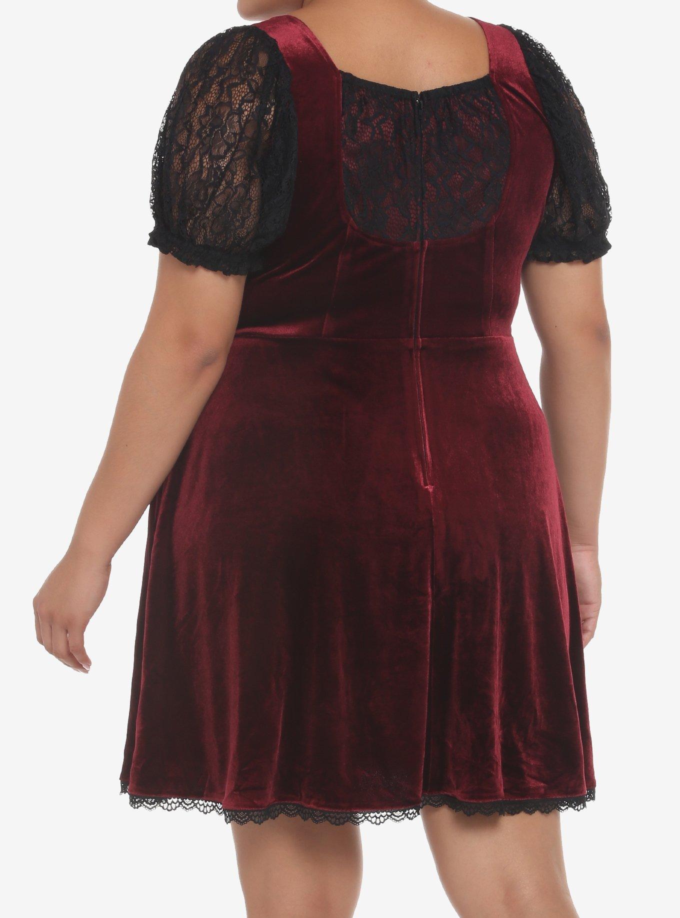 Burgundy Velvet & Black Lace Corset Dress Plus Size, BURGUNDY, alternate