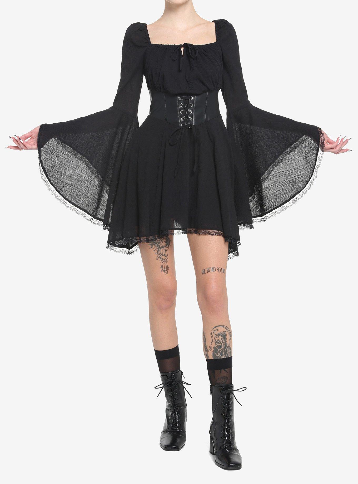 Black Corset Bell Sleeve Dress, BLACK, alternate