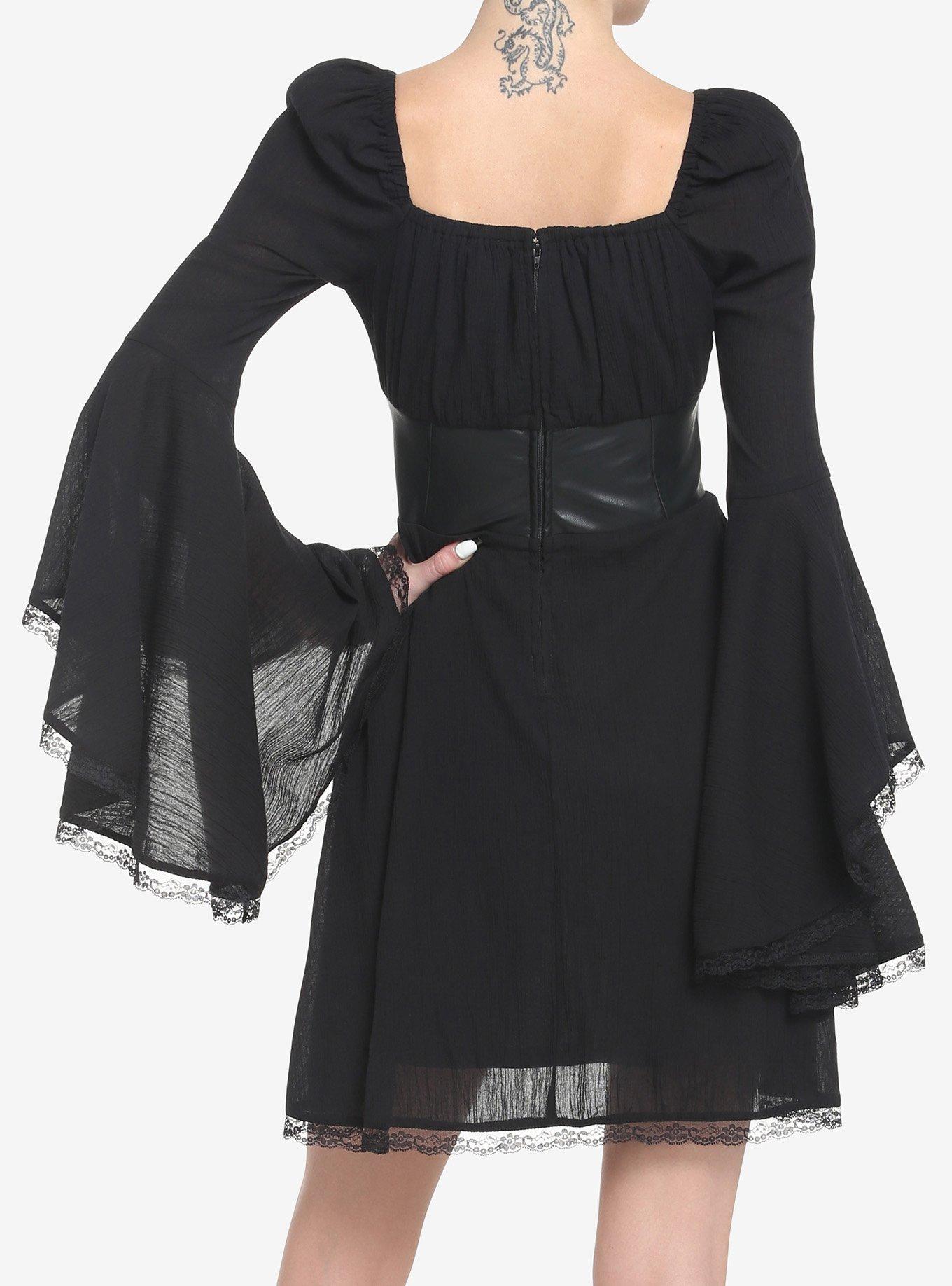 Black Corset Bell Sleeve Dress, BLACK, alternate