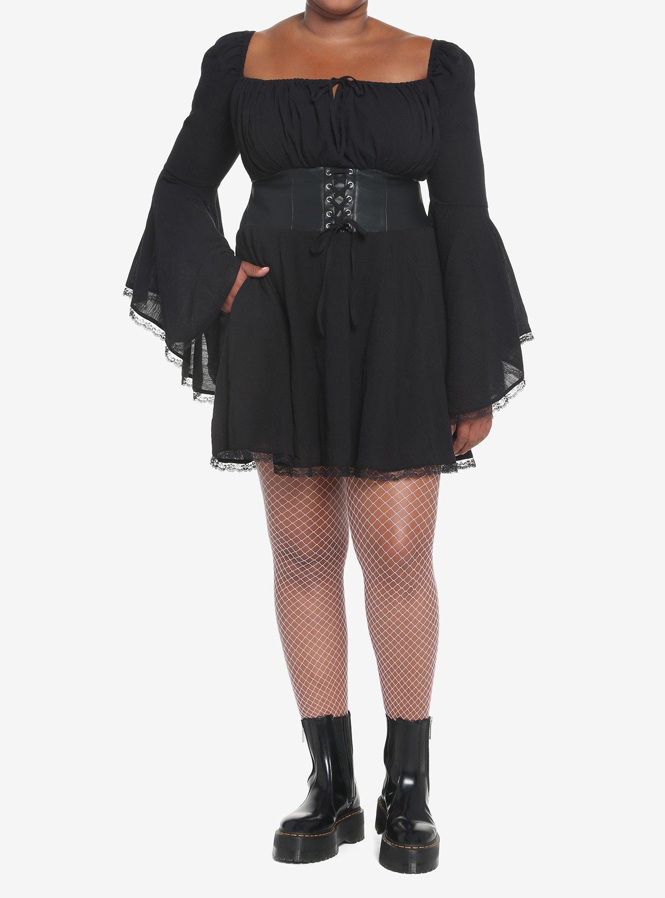 Black Corset Bell Sleeve Dress Plus Size, BLACK, alternate