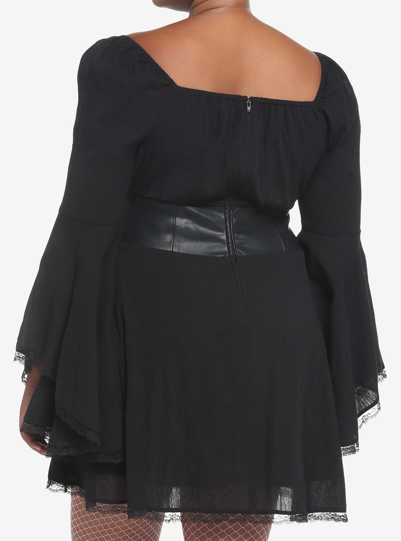 Black Corset Bell Sleeve Dress Plus Size, BLACK, alternate