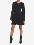 Black Lace-Up Front Hooded Dress, BLACK, alternate