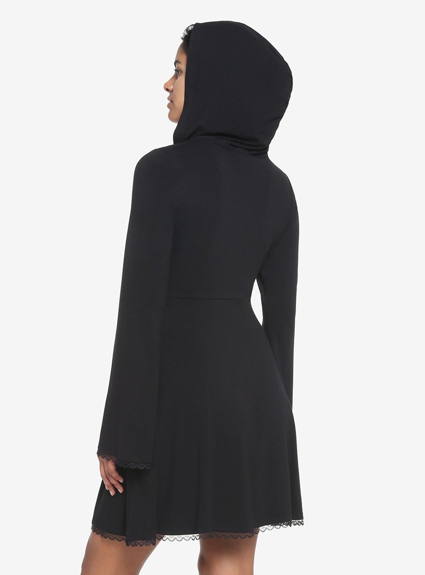 Black Lace-Up Front Hooded Dress, BLACK, alternate