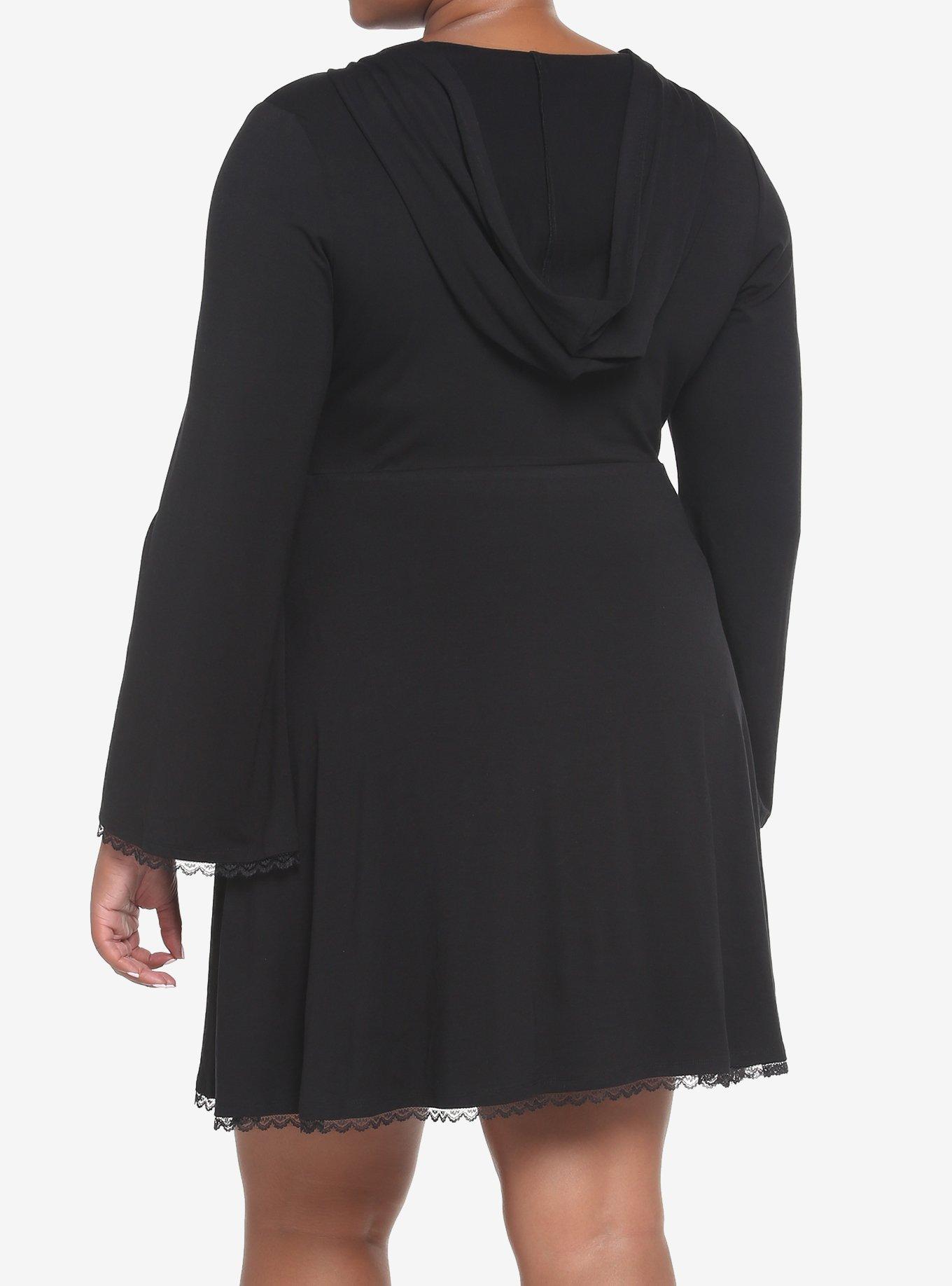 Black Lace-Up Front Hooded Dress Plus Size, BLACK, alternate