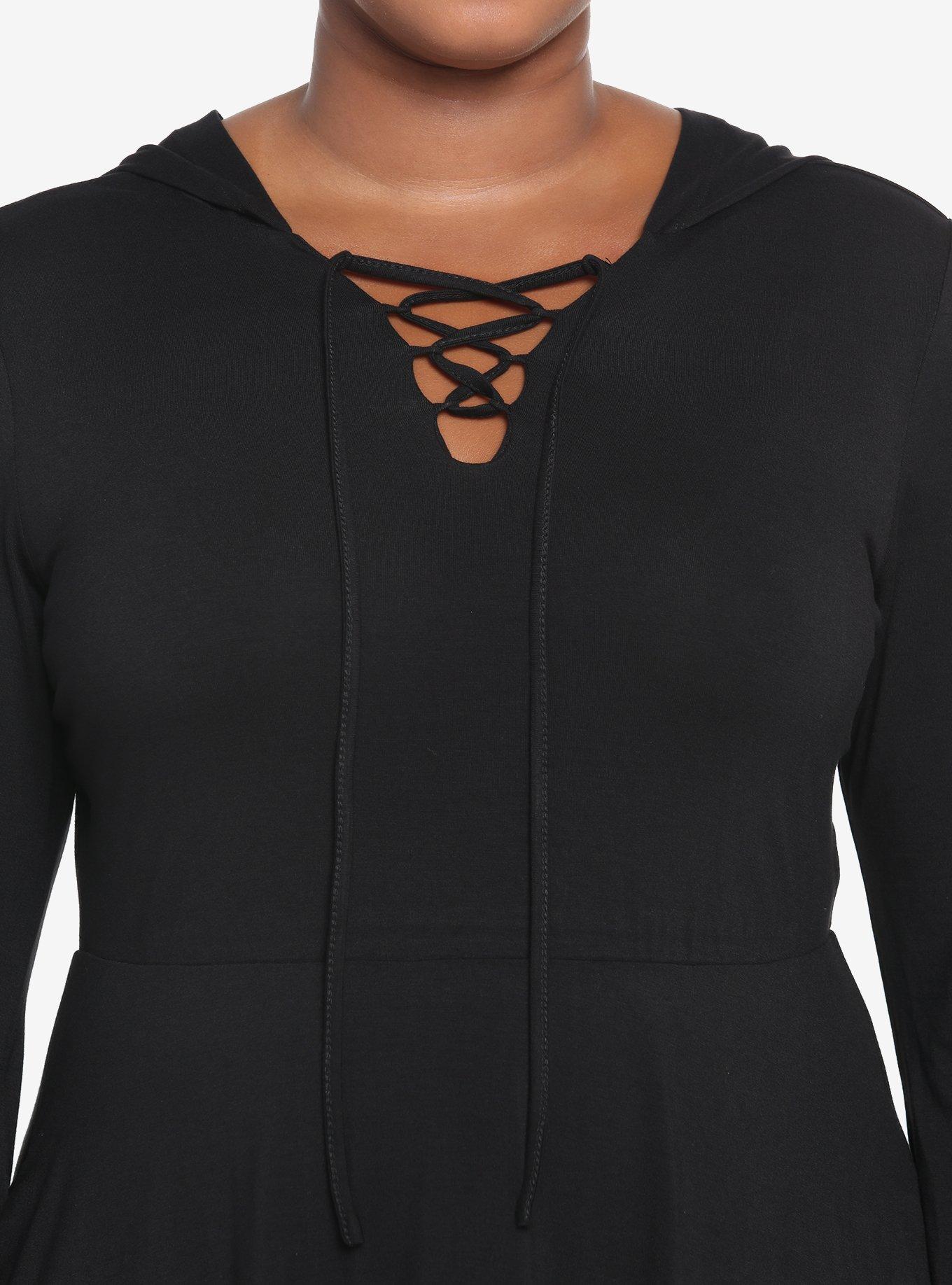 Black Lace-Up Front Hooded Dress Plus Size, BLACK, alternate