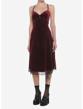 Burgundy Velvet Slip Midi Dress, , hi-res