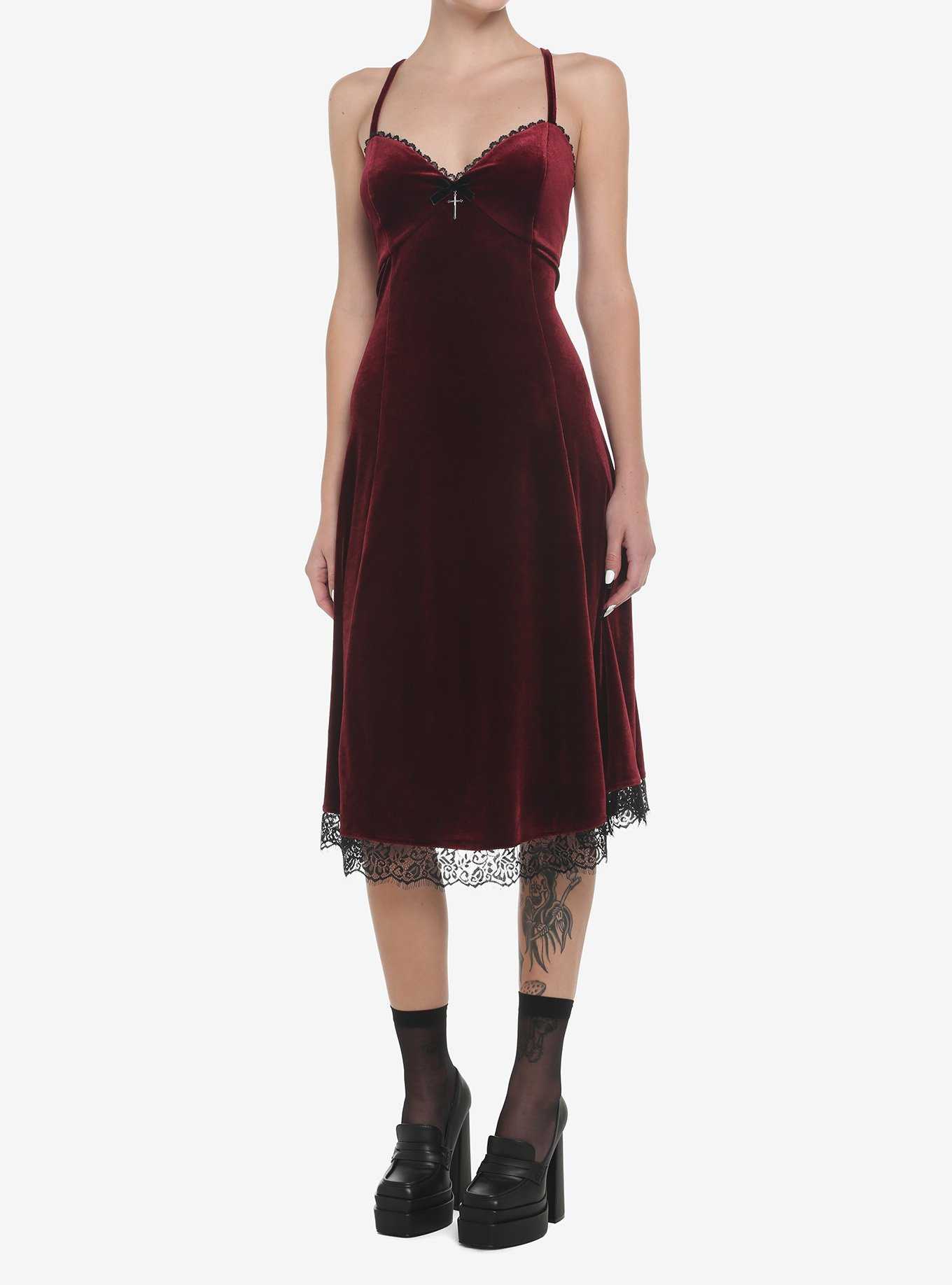 Burgundy Velvet Slip Midi Dress, , hi-res