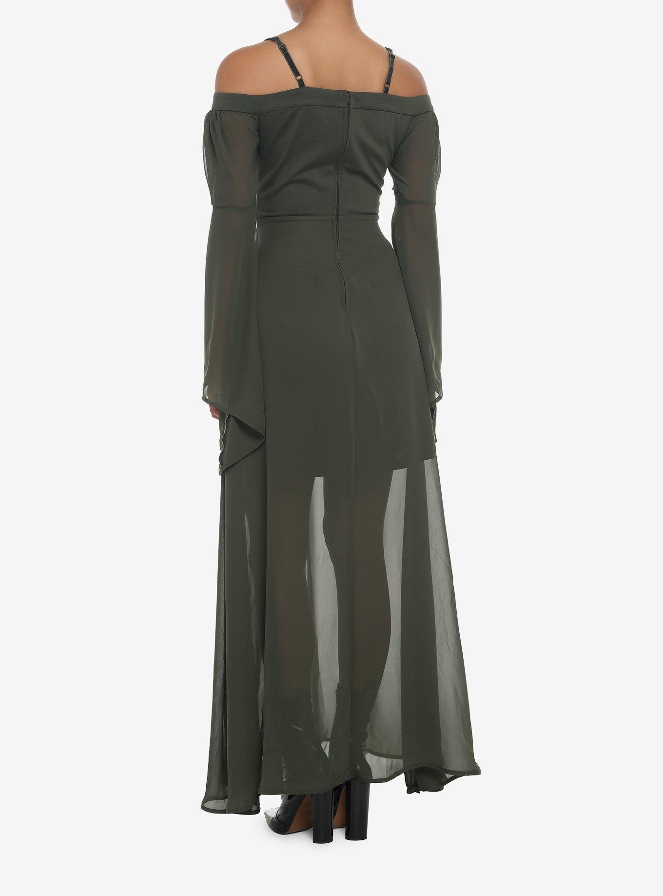 Forest Green Chiffon Cold Shoulder Maxi Dress, GREEN, alternate