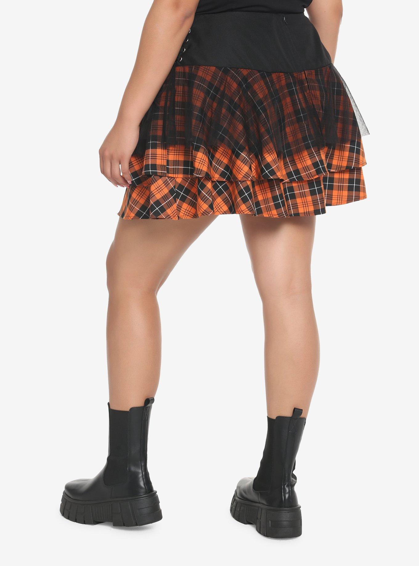 Orange & Black Plaid Buckle Tulle Skirt Plus Size, PLAID, alternate