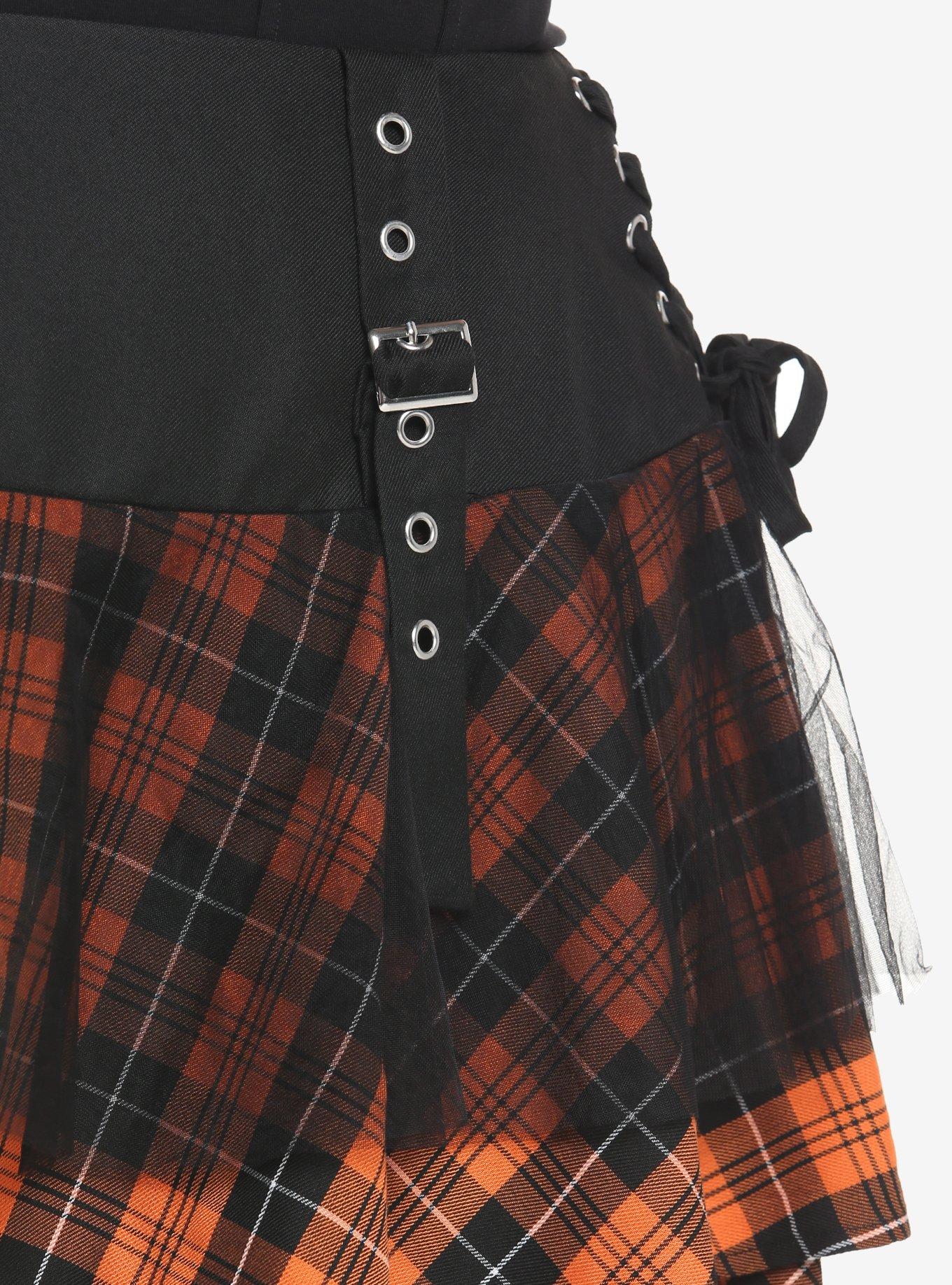 Orange & Black Plaid Buckle Tulle Skirt Plus Size, PLAID, alternate
