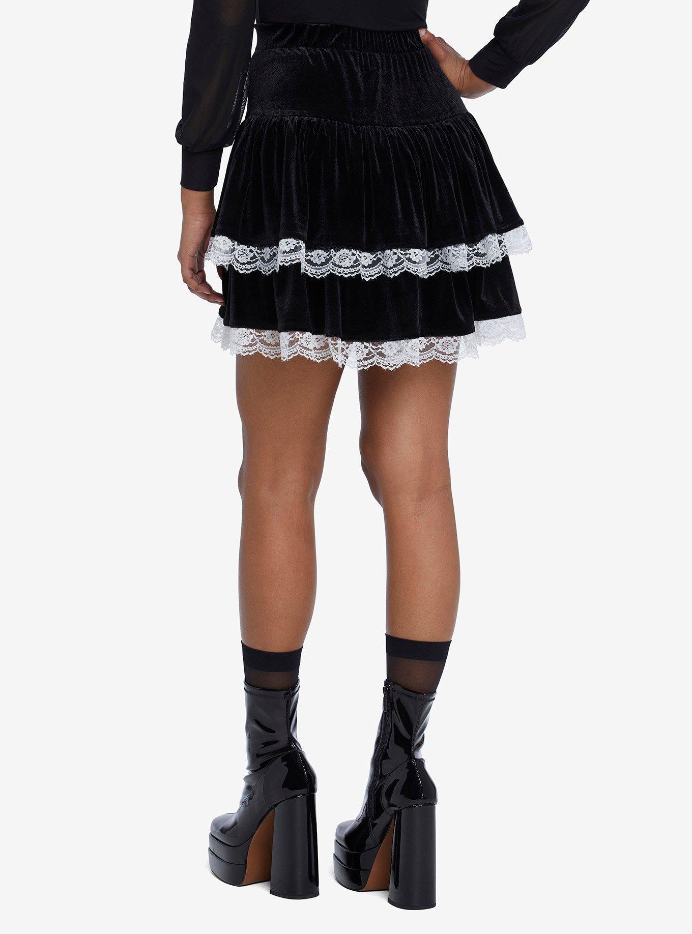 Black Velvet & White Lace Skirt, BLACK, alternate