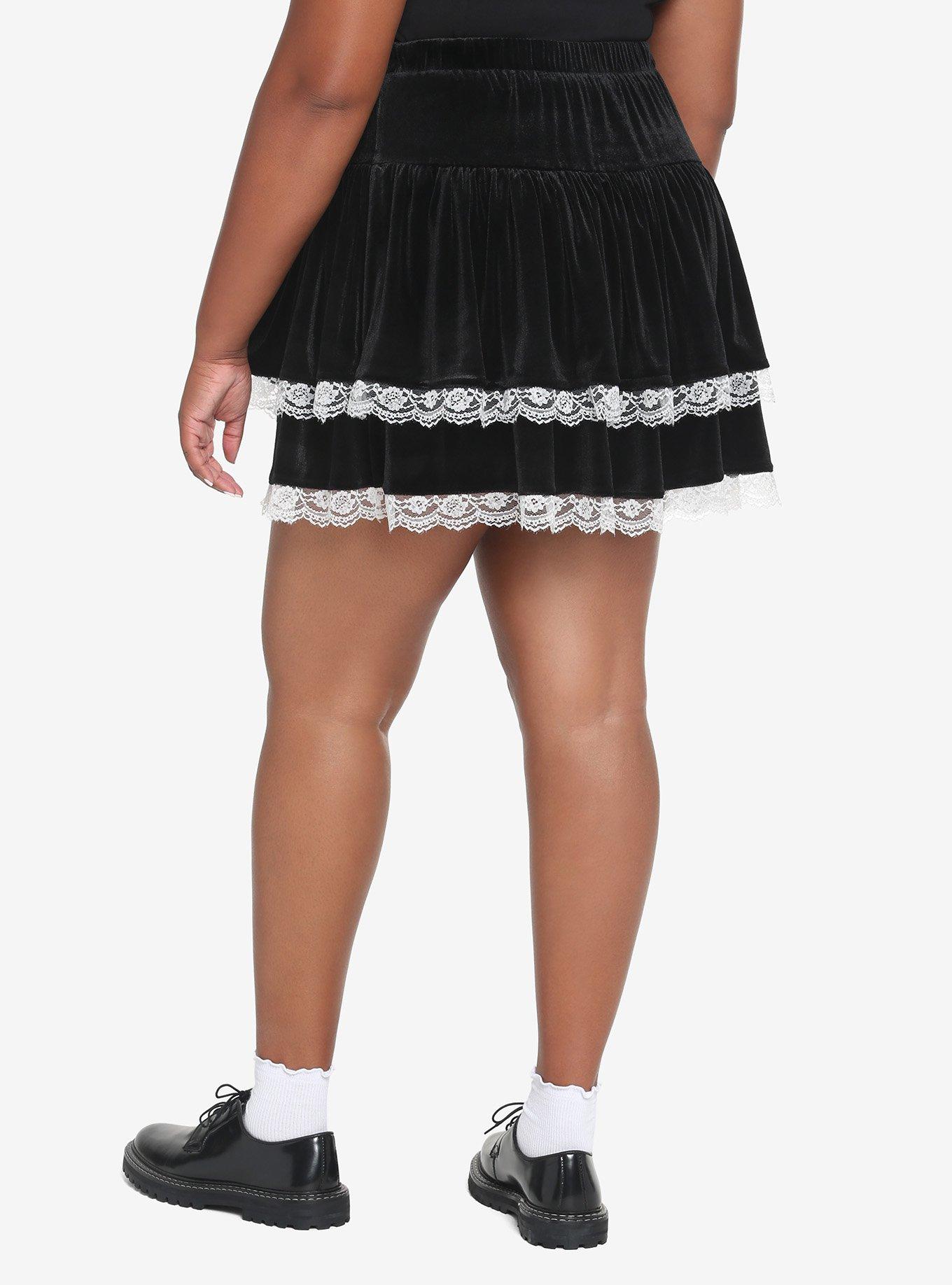 Black Velvet & White Lace Skirt Plus Size, BLACK, alternate