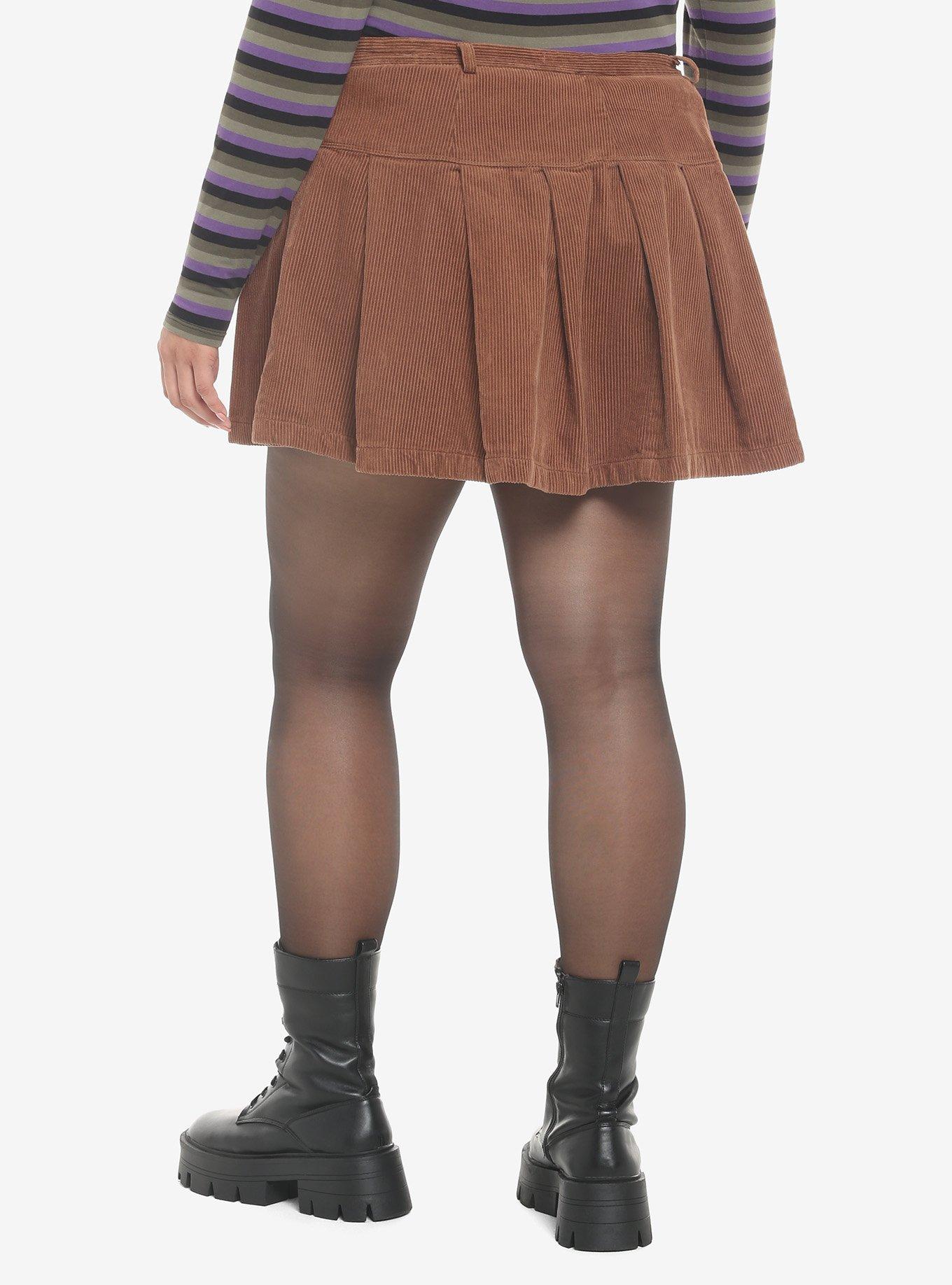 Brown Corduroy Pleated Mini Skirt Plus Size, BROWN, alternate