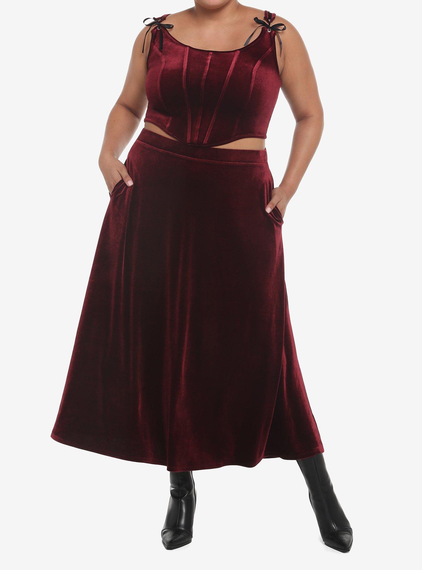 Burgundy Velvet Maxi Skirt Plus Size, BURGUNDY, alternate