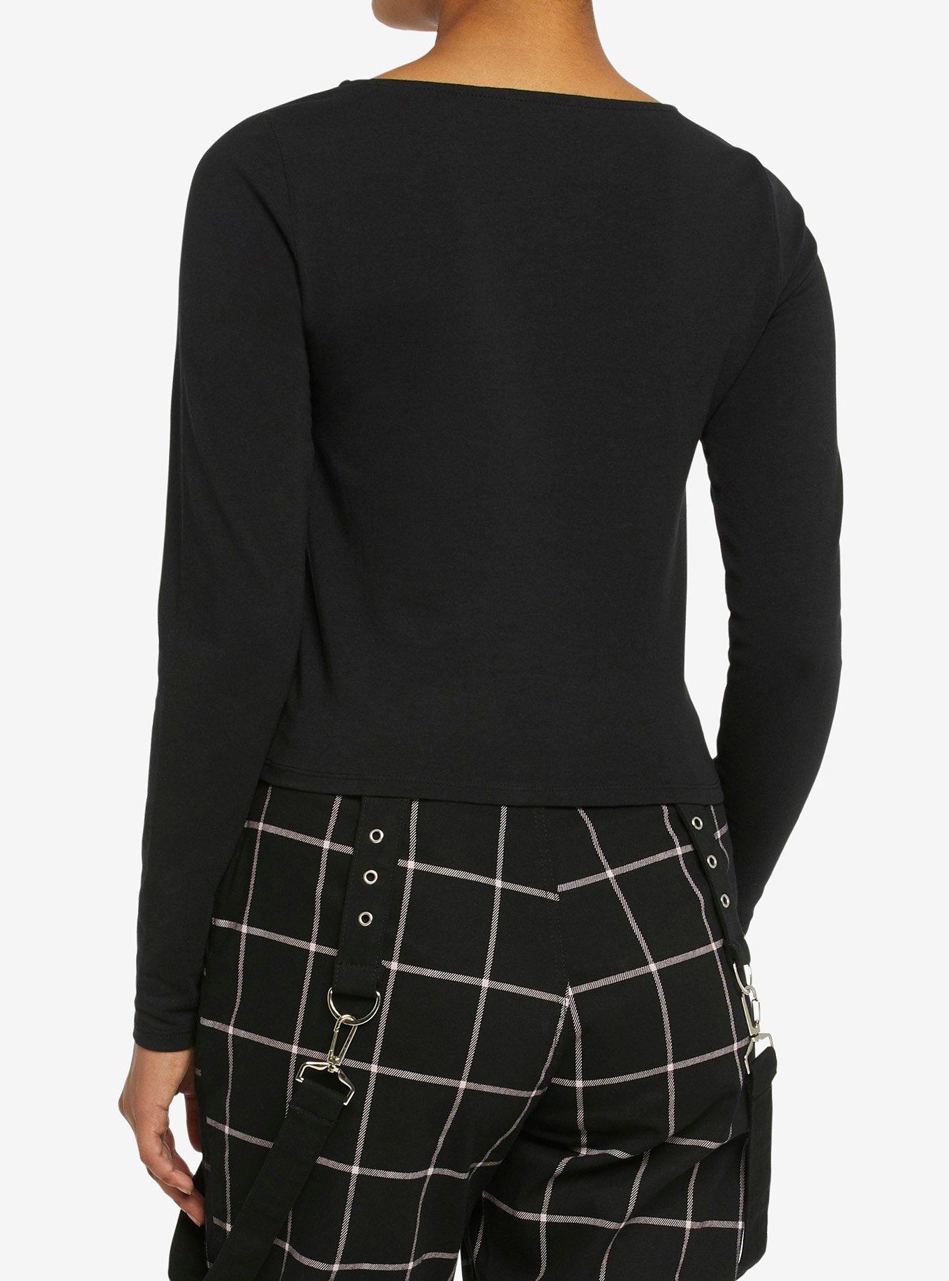 Black Strappy O-Ring Girls Crop Long-Sleeve Top, BLACK, alternate - view 3