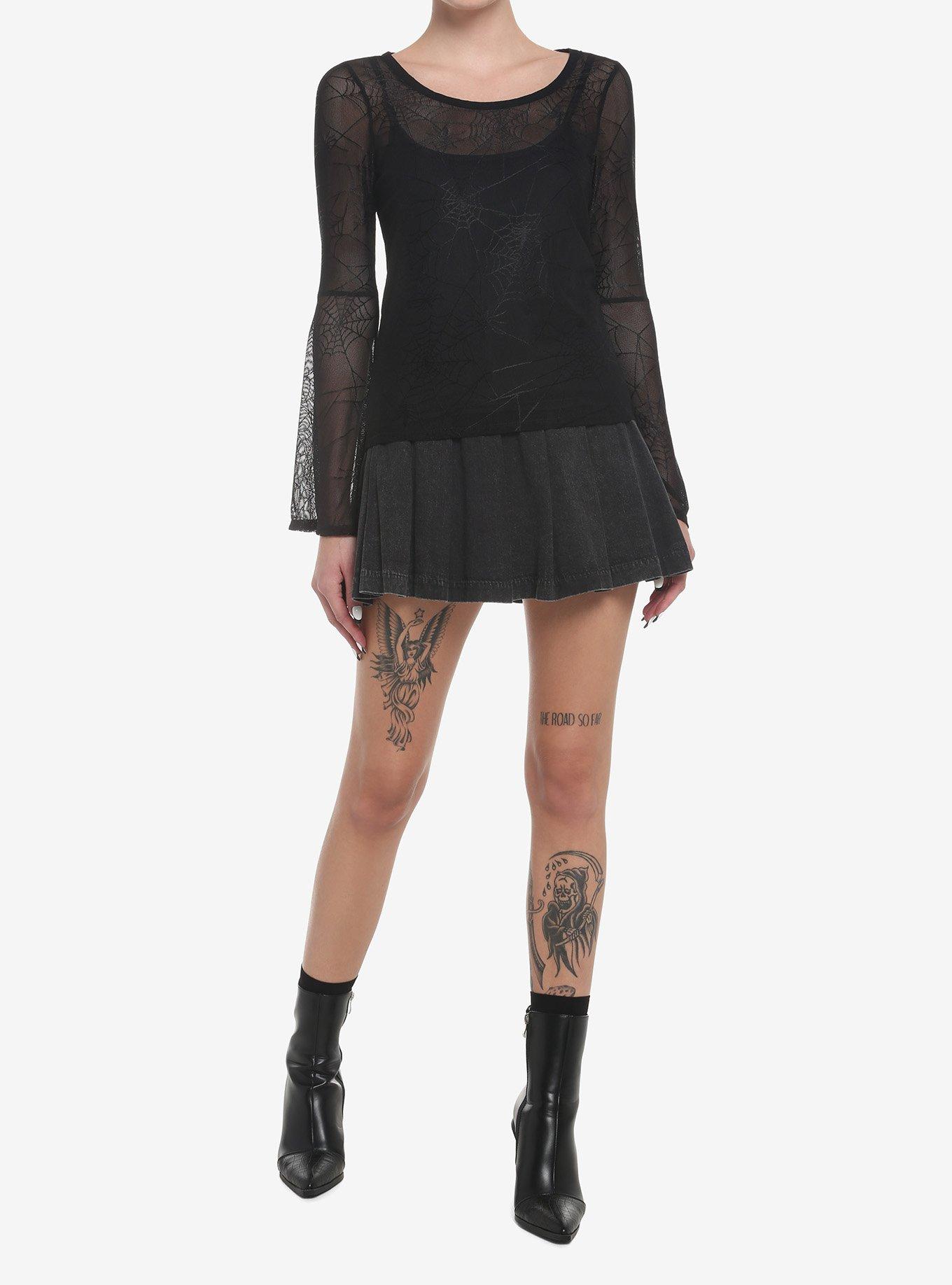 Spiderweb Mesh Bell Sleeve Girls Twofer Top, BLACK, alternate