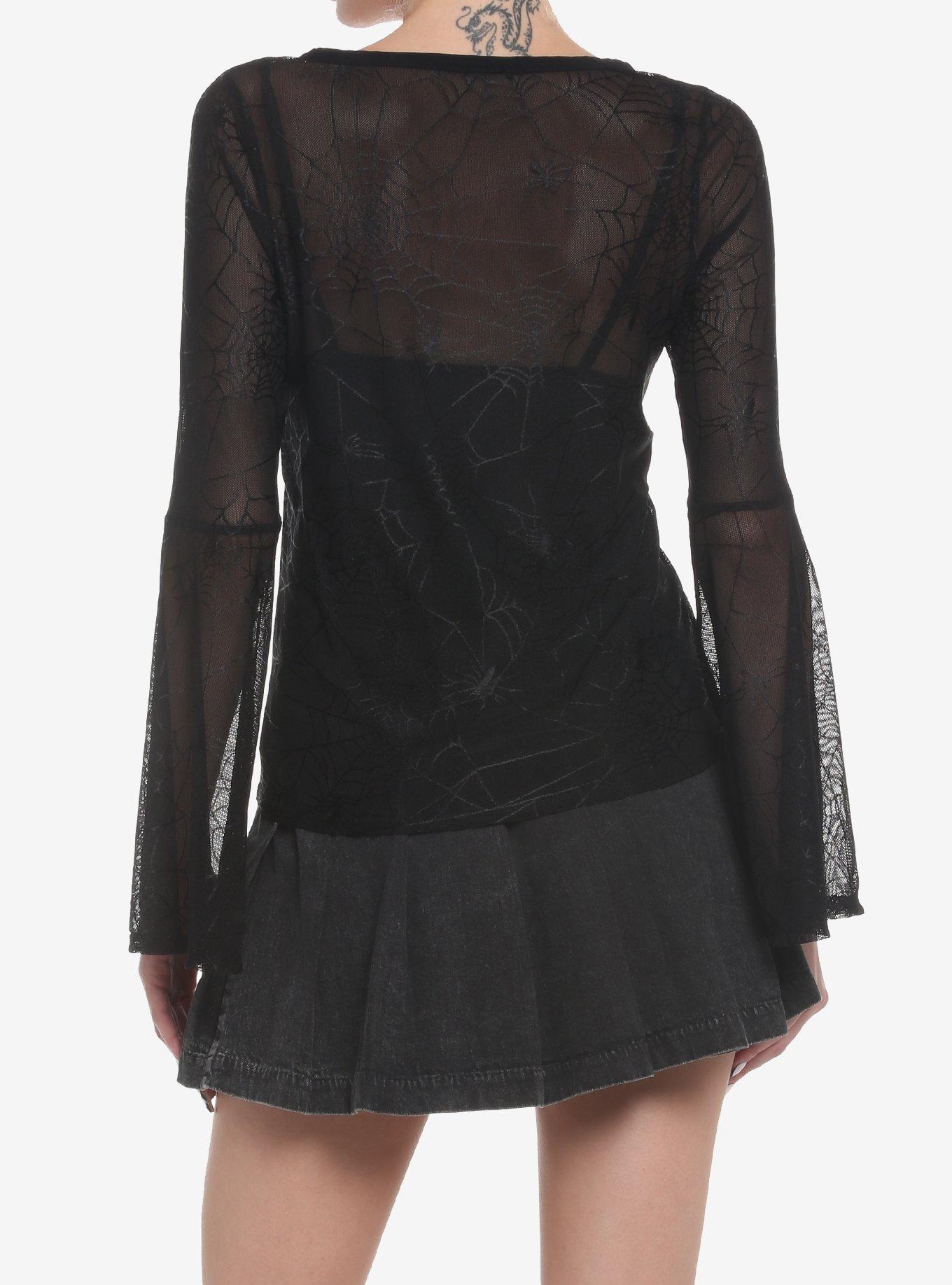 Spiderweb Mesh Bell Sleeve Girls Twofer Top, BLACK, alternate