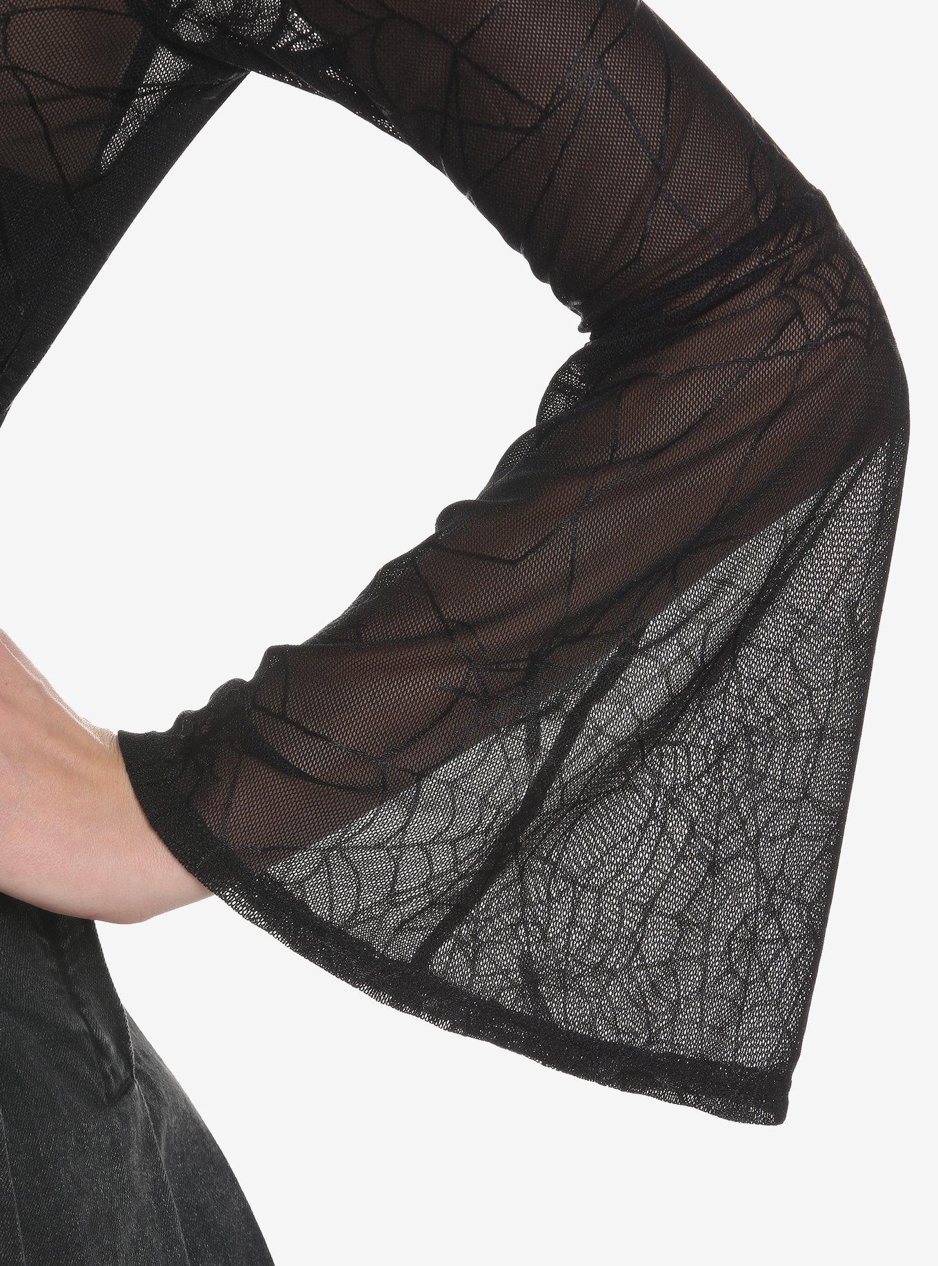 Spiderweb Mesh Bell Sleeve Girls Twofer Top, BLACK, alternate
