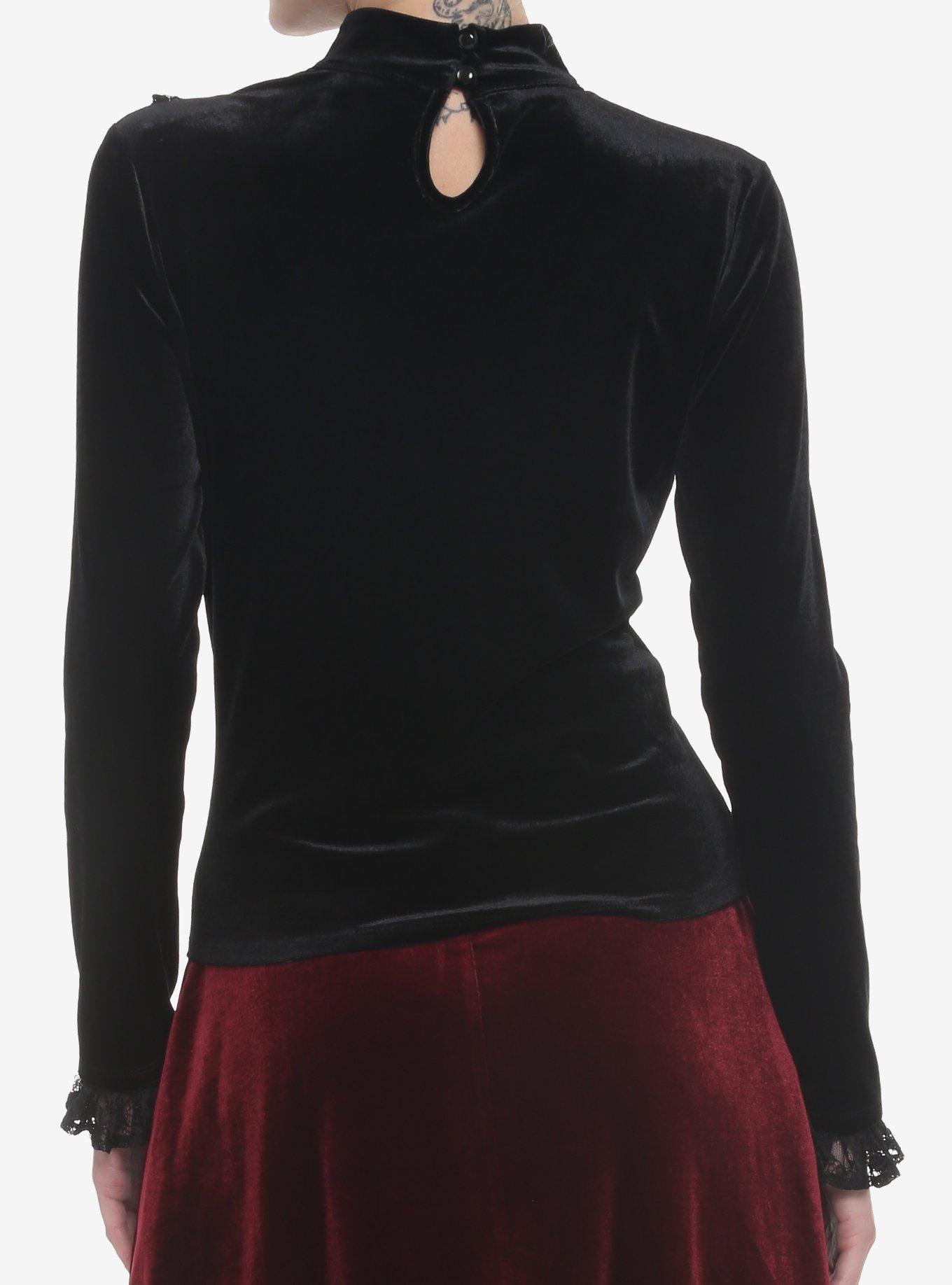 Black Velvet & Lace Turtleneck Girls Long-Sleeve Top, BLACK, alternate