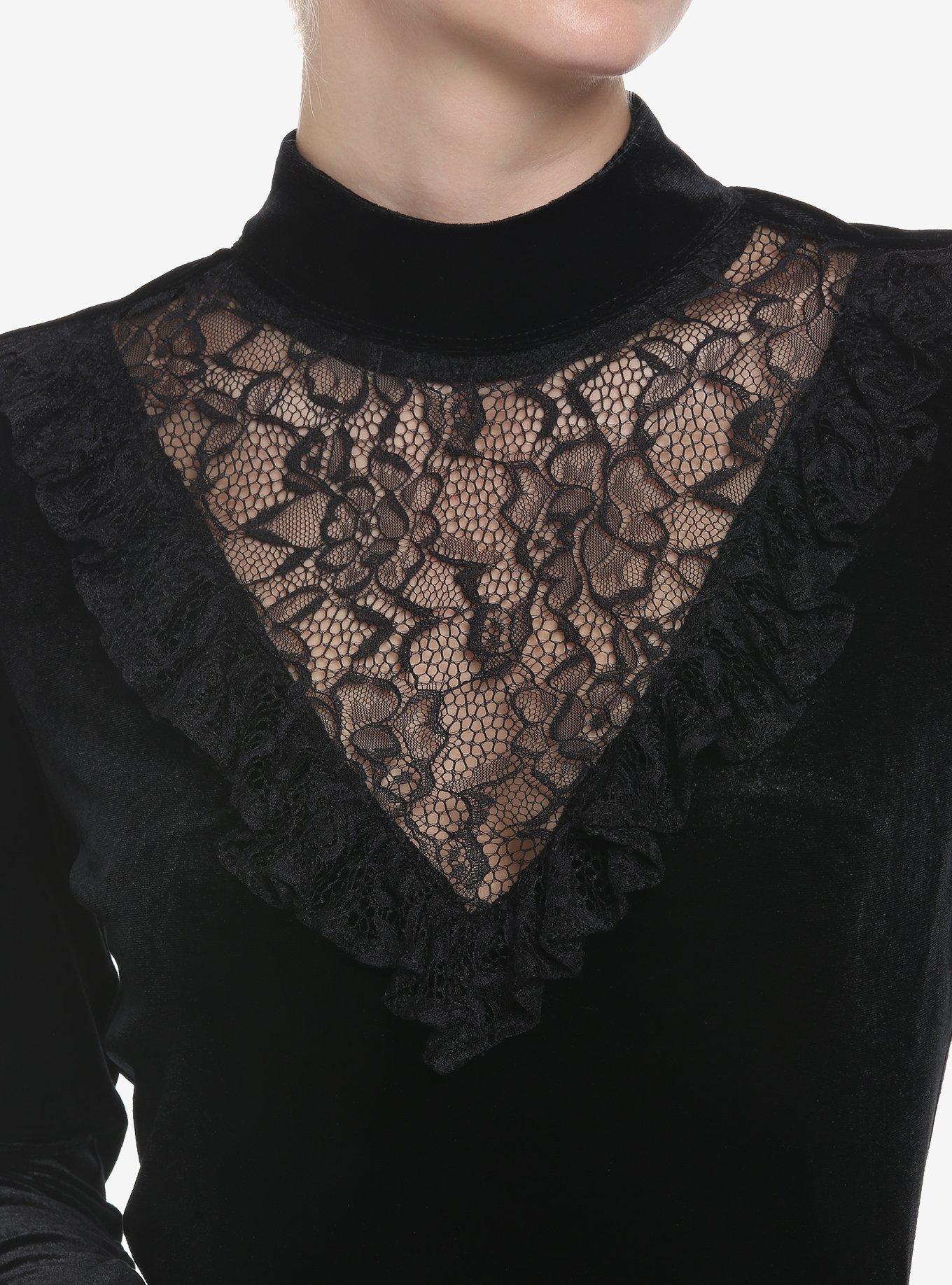 Black Velvet & Lace Turtleneck Girls Long-Sleeve Top, BLACK, alternate
