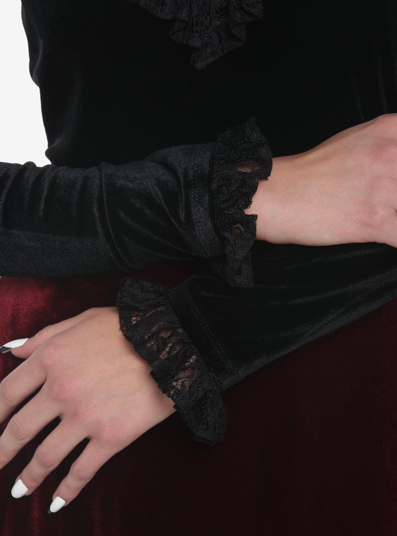Black Velvet & Lace Turtleneck Girls Long-Sleeve Top, BLACK, alternate