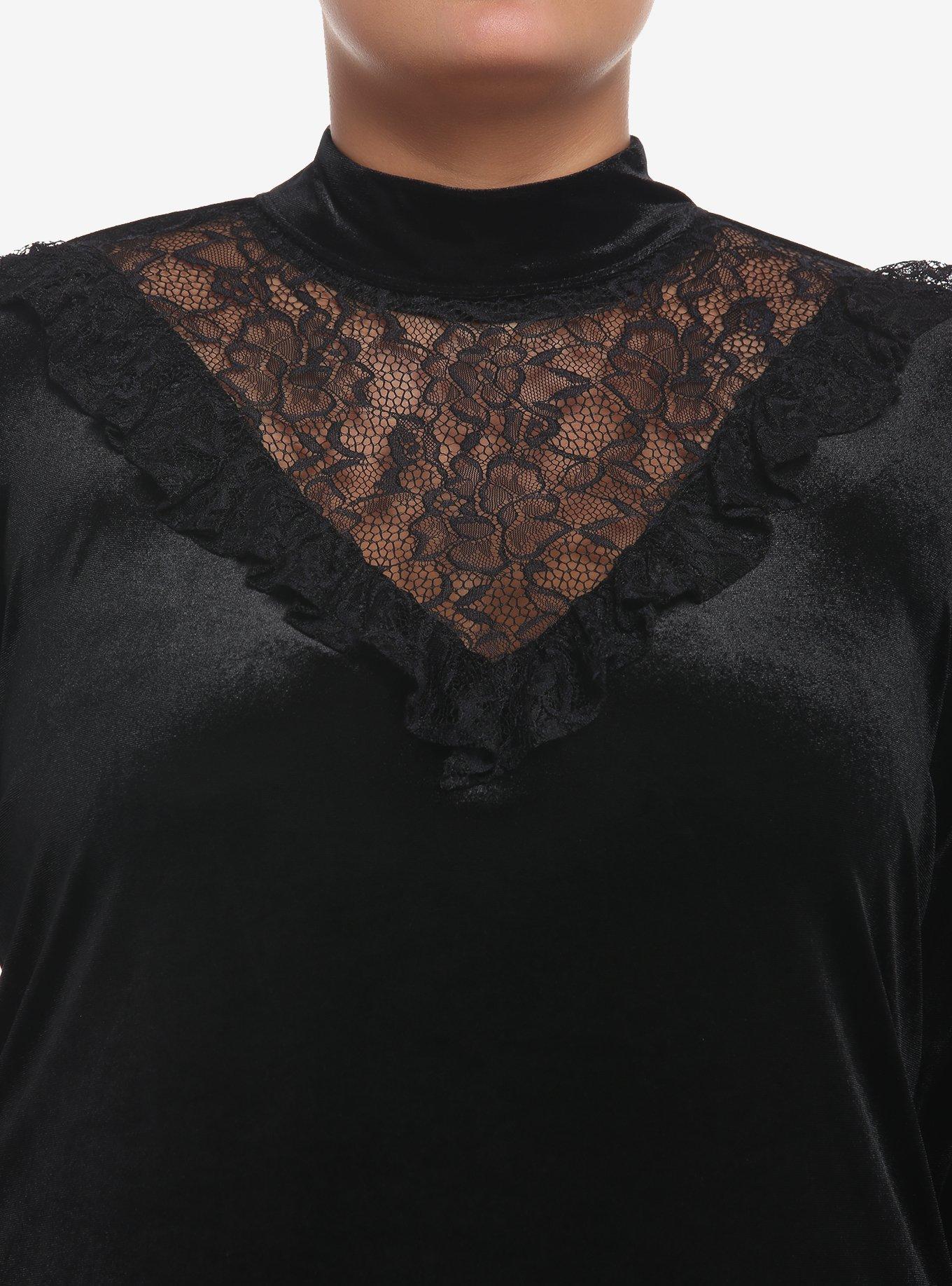 Black Velvet & Lace Turtleneck Girls Long-Sleeve Top Plus Size, BLACK, alternate