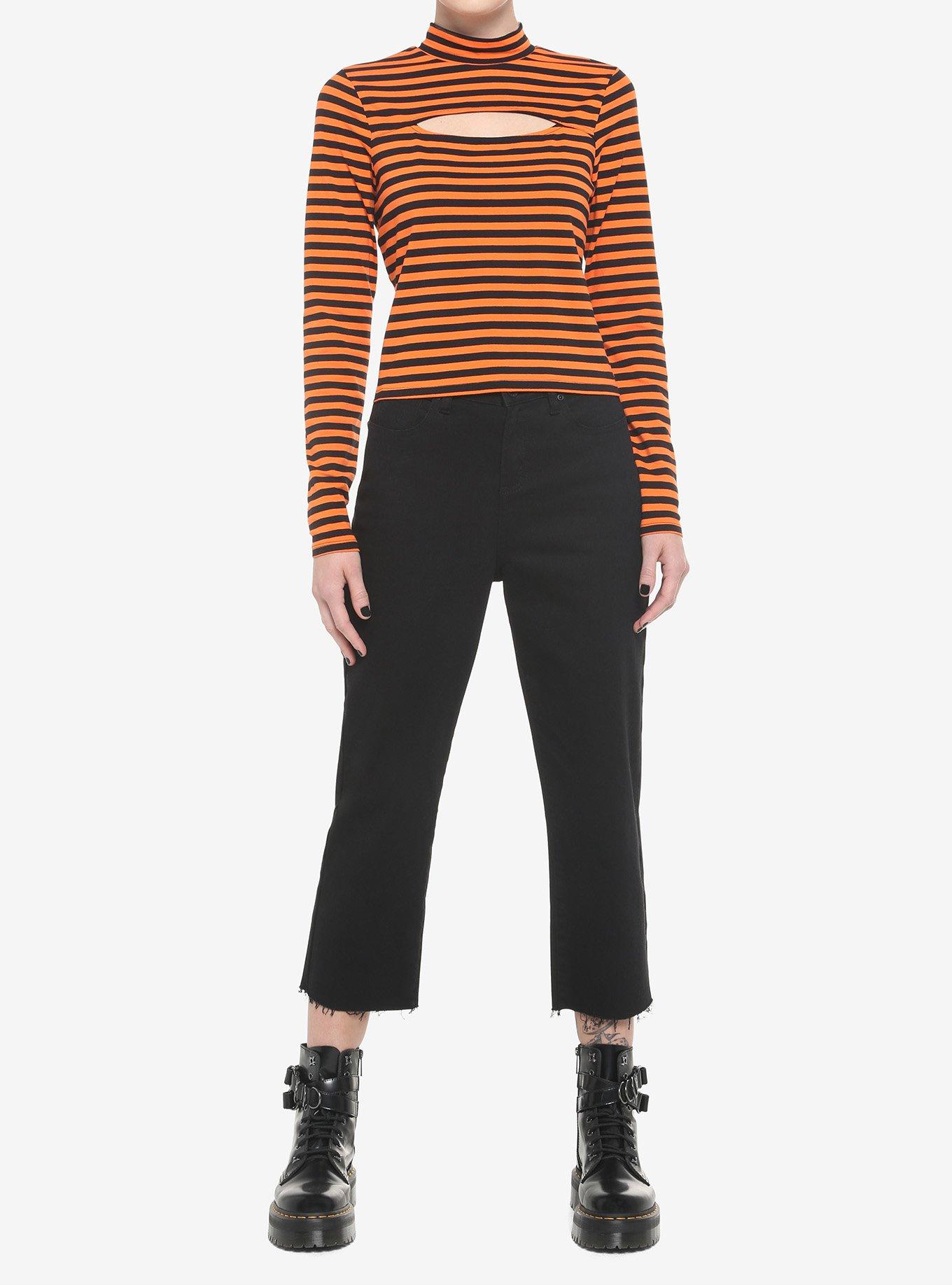 Orange & Black Stripe Cutout Girls Long-Sleeve Top, STRIPES - ORANGE, alternate