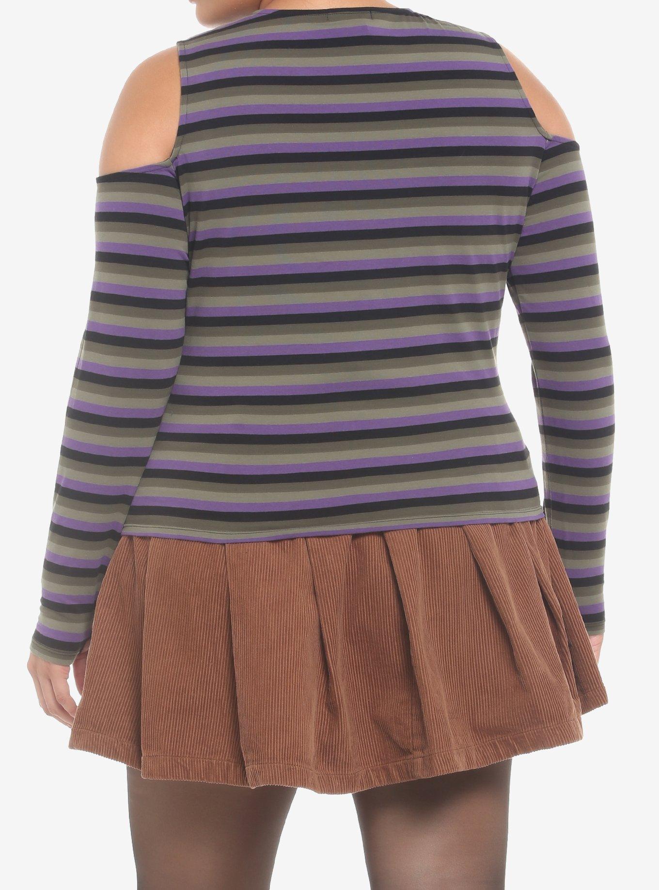 Green & Purple Stripe Cold Shoulder Girls Long-Sleeve T-Shirt Plus Size, STRIPE - MULTICOLOR, alternate