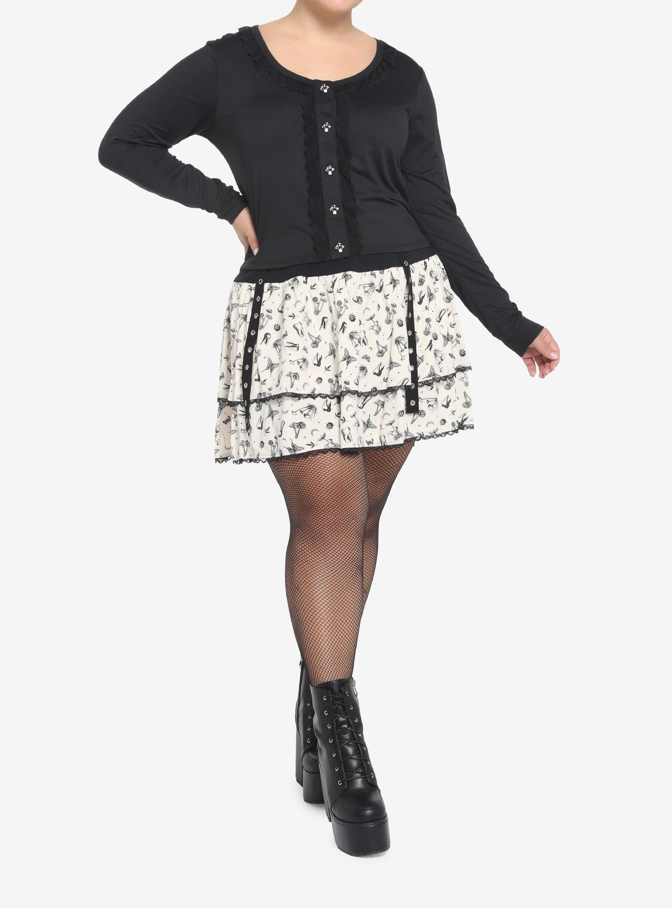 Black Mushroom Girls Crop Long-Sleeve Top Plus Size, , hi-res