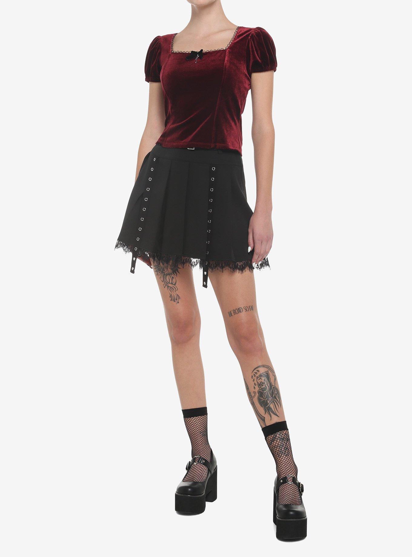 Burgundy Velvet Puff-Sleeve Girls Top, , hi-res