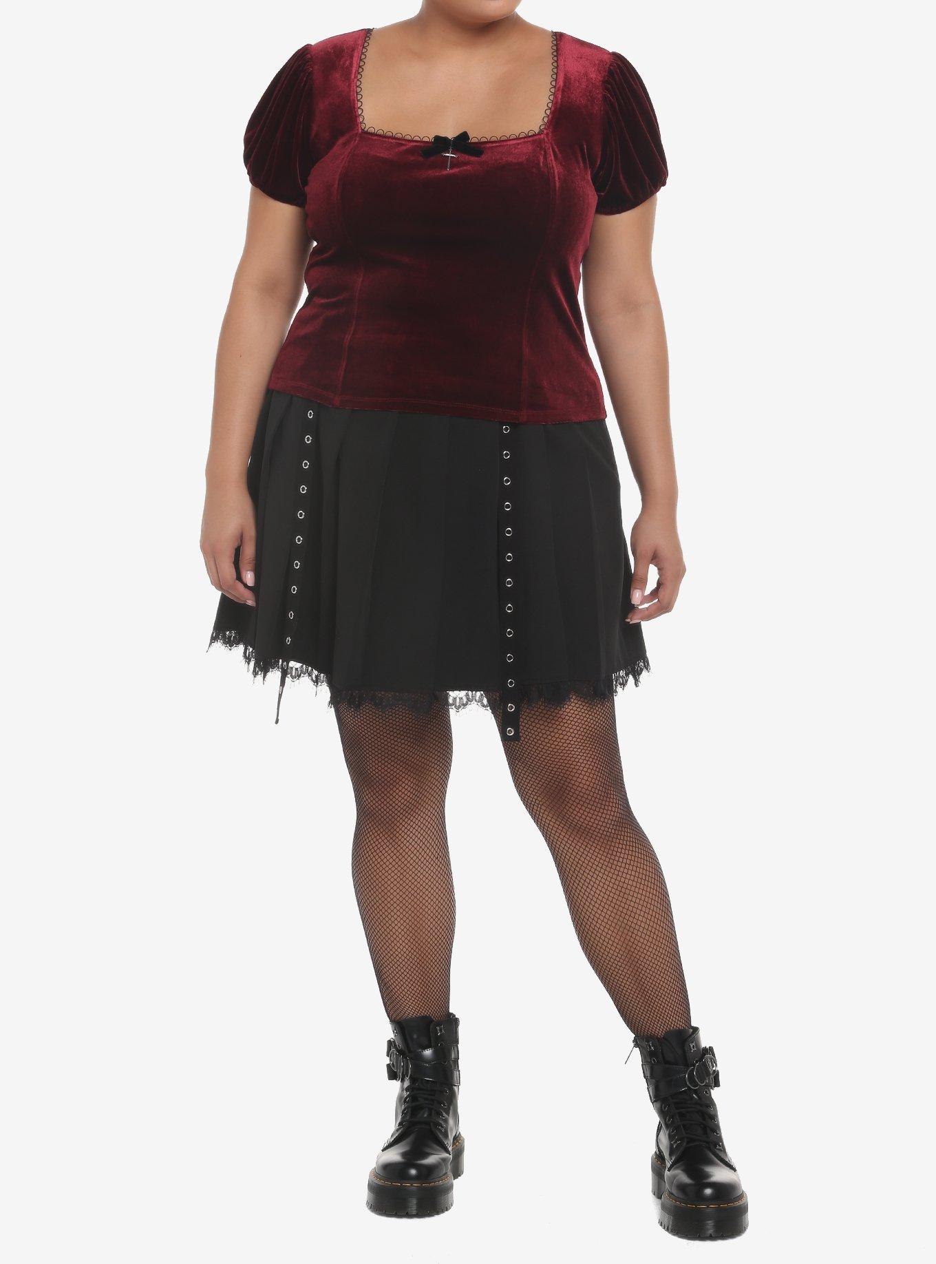 Burgundy Velvet Puff-Sleeve Girls Top Plus Size, SYRAH BURGUNDY, alternate