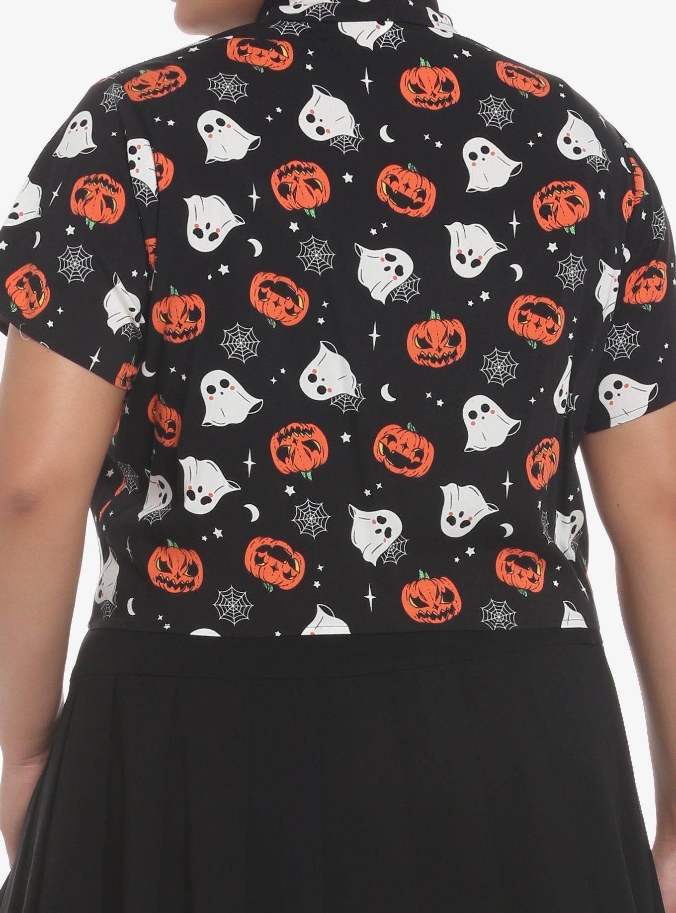 Ghosts & Jack-O'-Lanterns Tie-Front Girls Woven Button-Up Plus Size, BLACK, alternate