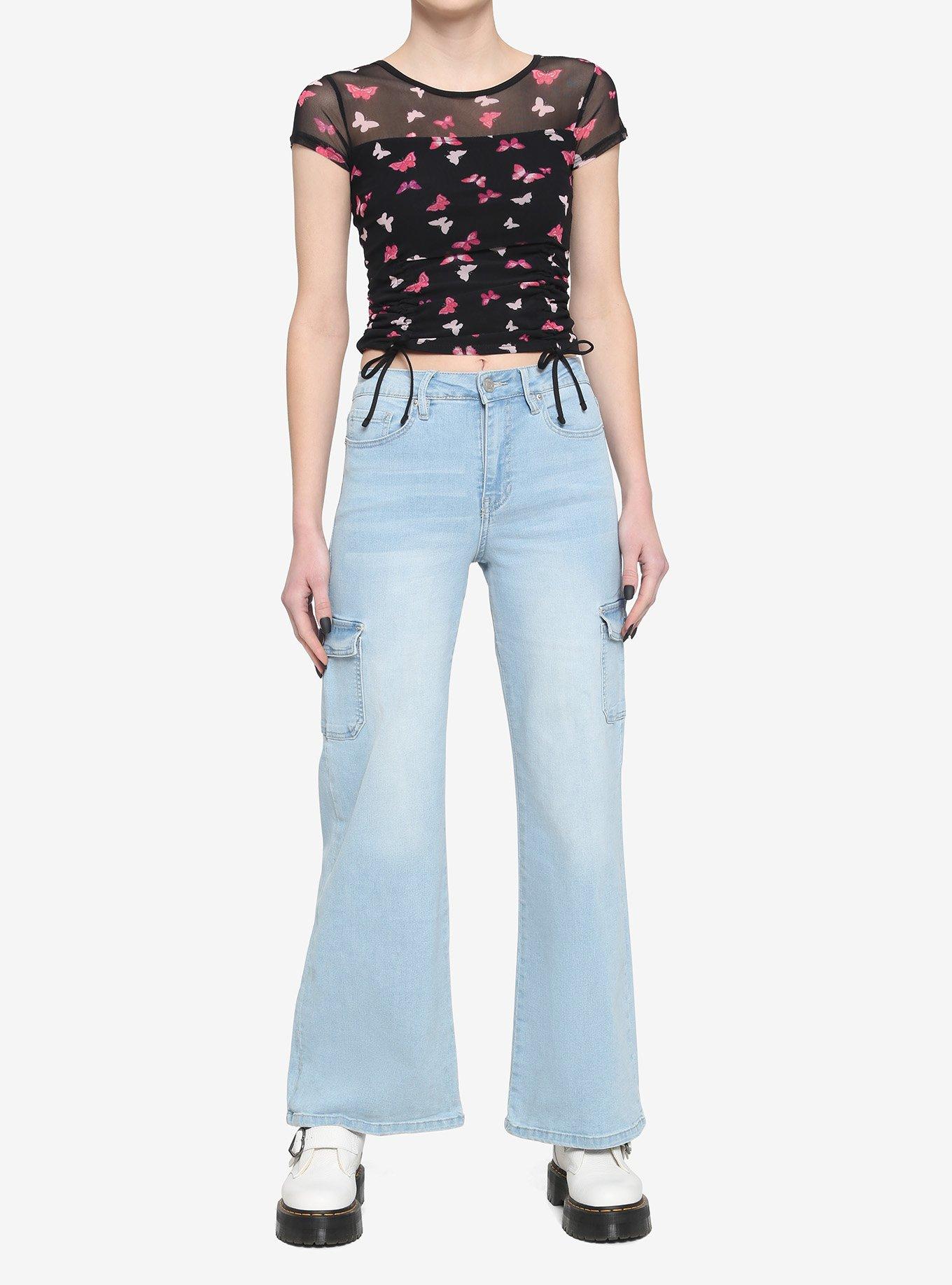 Black & Pink Butterfly Ruched Girls Crop Top, BLACK, alternate