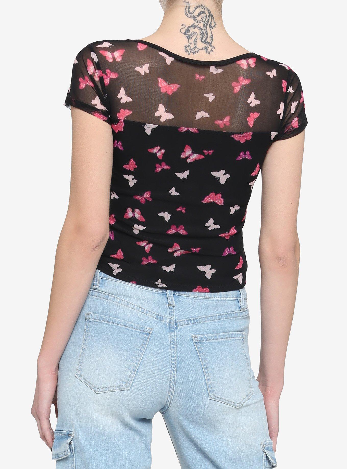 Black & Pink Butterfly Ruched Girls Crop Top, BLACK, alternate
