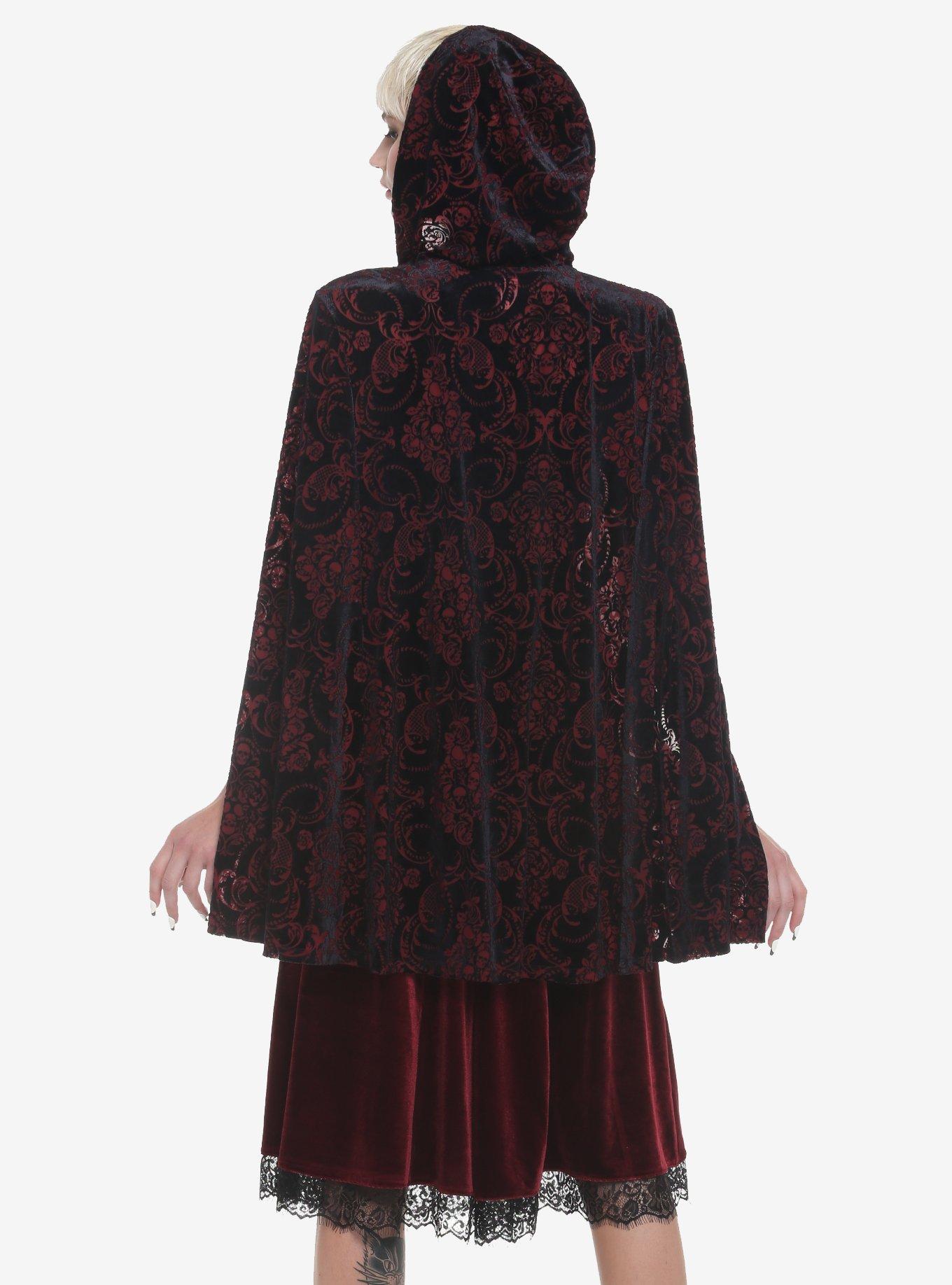 Burgundy & Black Damask Hooded Girls Cape, RED, alternate