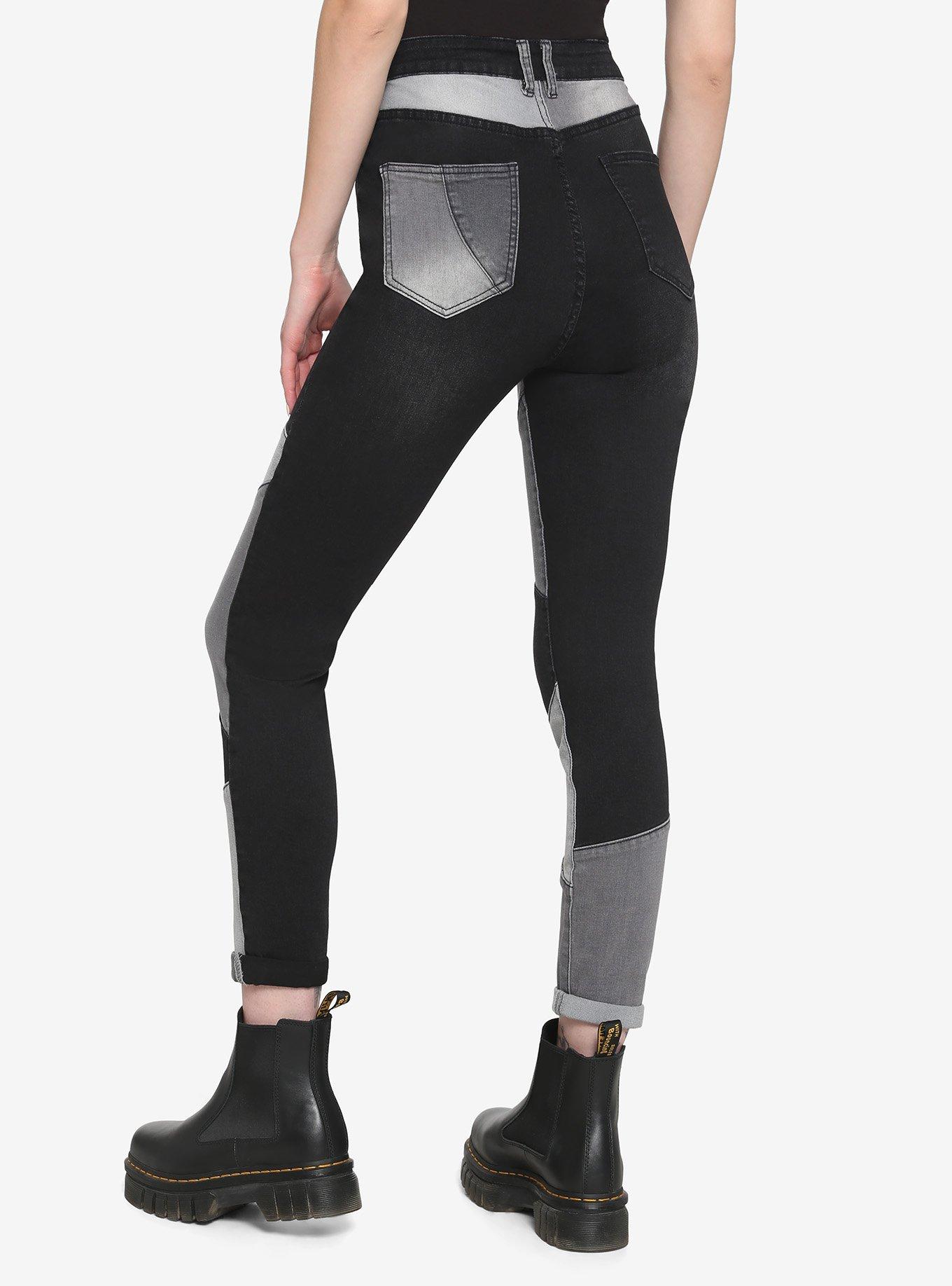 Black & Grey Patchwork Skinny Jeans, BLACK, alternate
