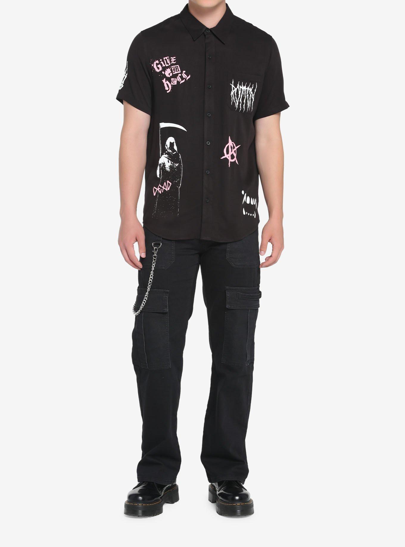 Black & Pink Punk Symbols Woven Button-Up, BLACK, alternate