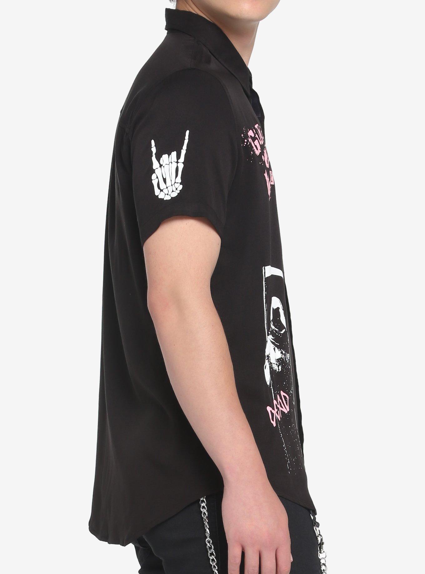 Black & Pink Punk Symbols Woven Button-Up, BLACK, alternate