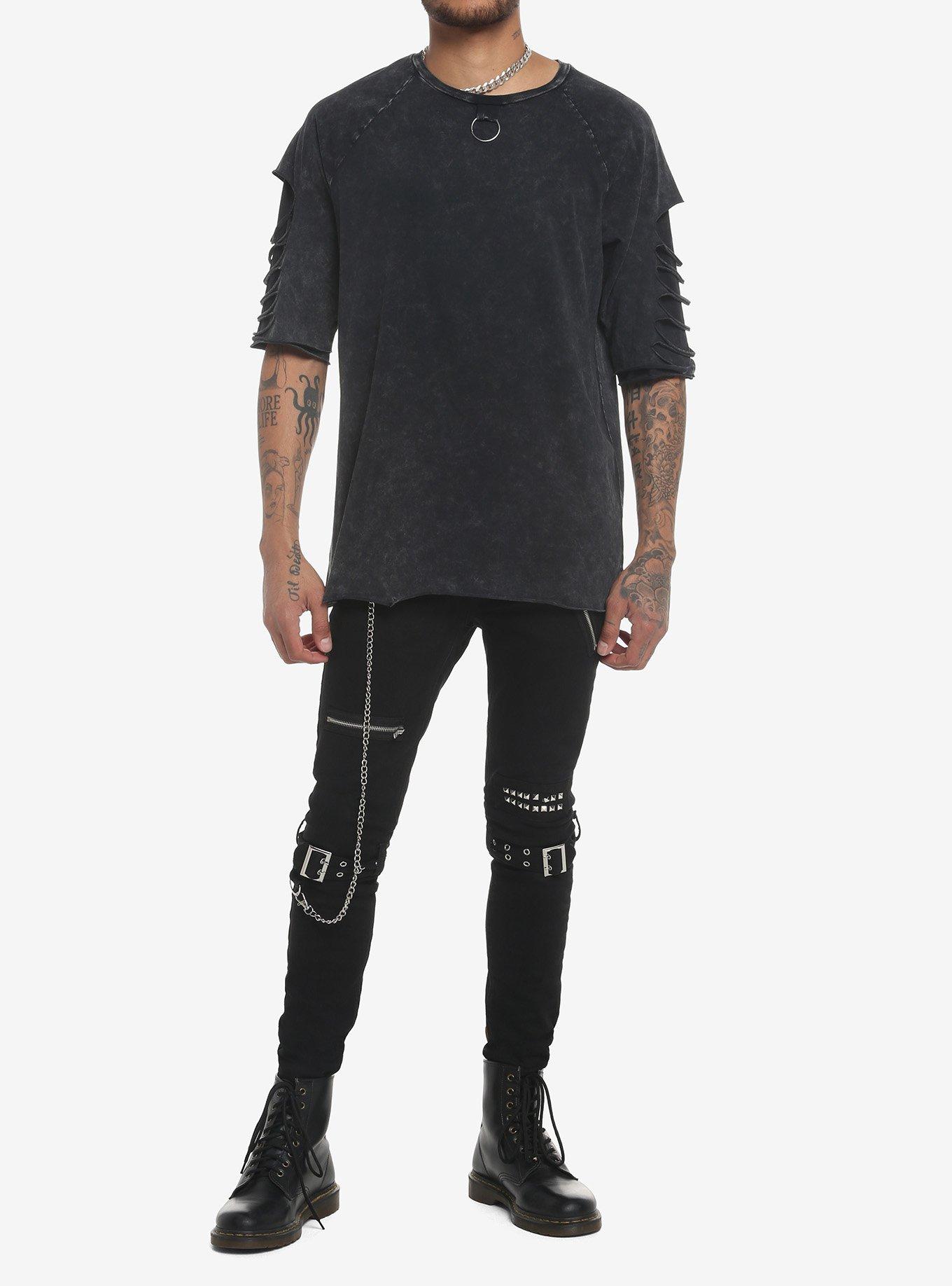 Grey Wash O-Ring Ripped T-Shirt, BLACK, alternate