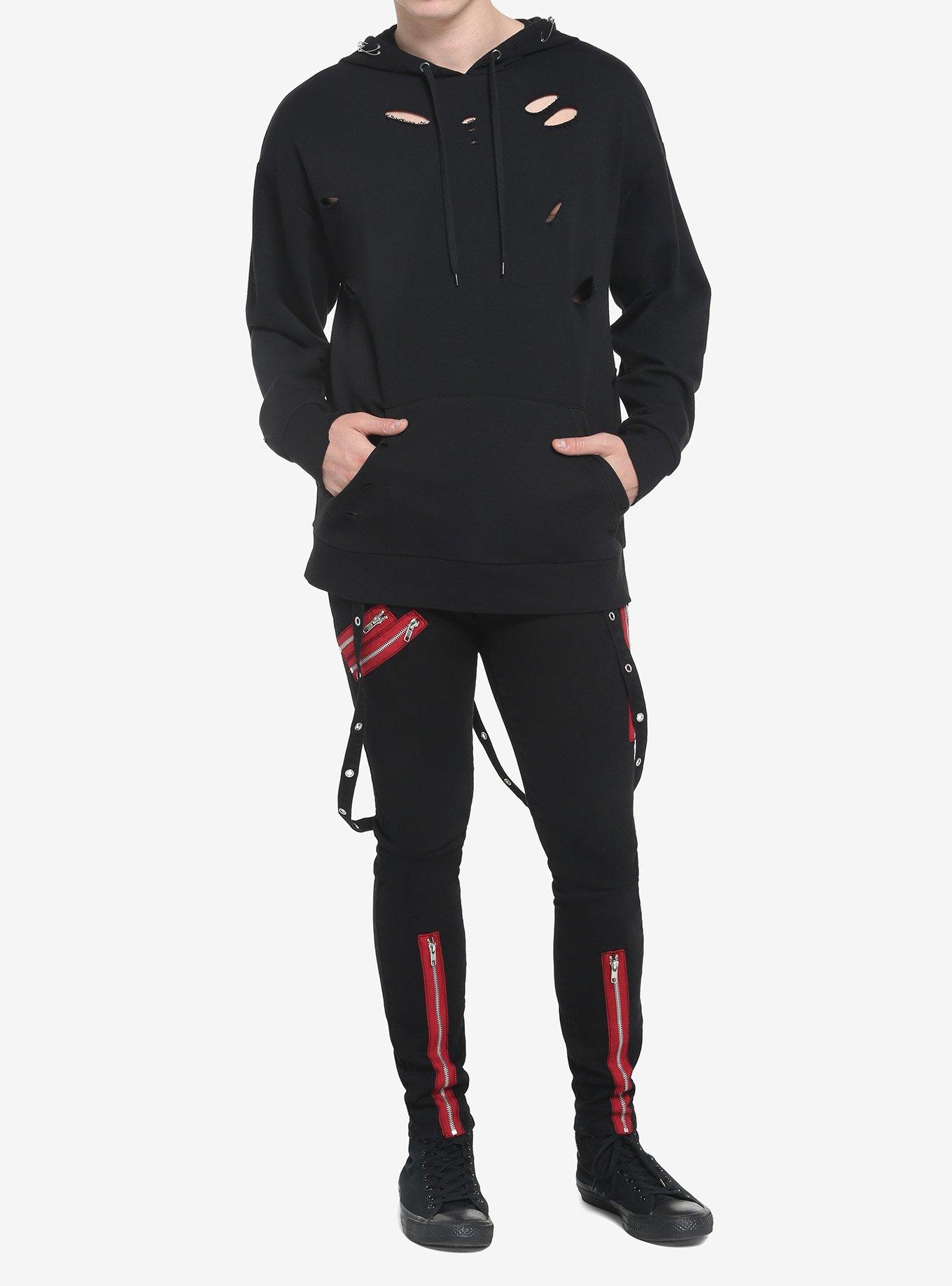 Black Safety Pin Destructed Hoodie, BLACK, alternate