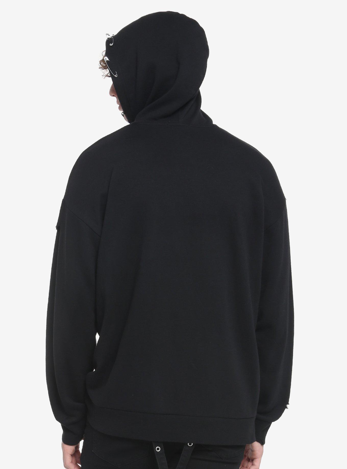 Black Safety Pin Destructed Hoodie, BLACK, alternate