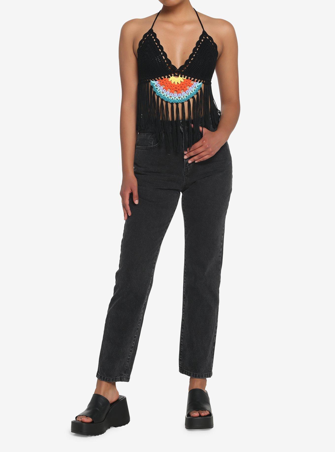 Black Fringe Crochet Girls Tank Top, BLACK, alternate